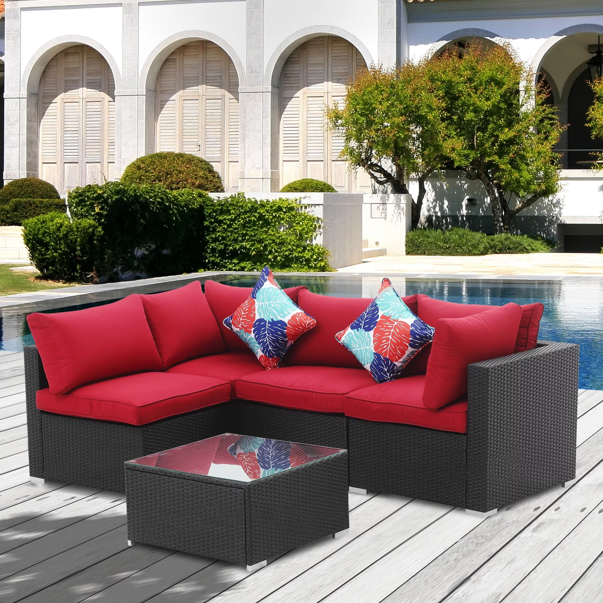 Ainfox Outdoor Patio Sectional Sofa Set Wicker Sofa 5pcs Orange sofa+umbrella