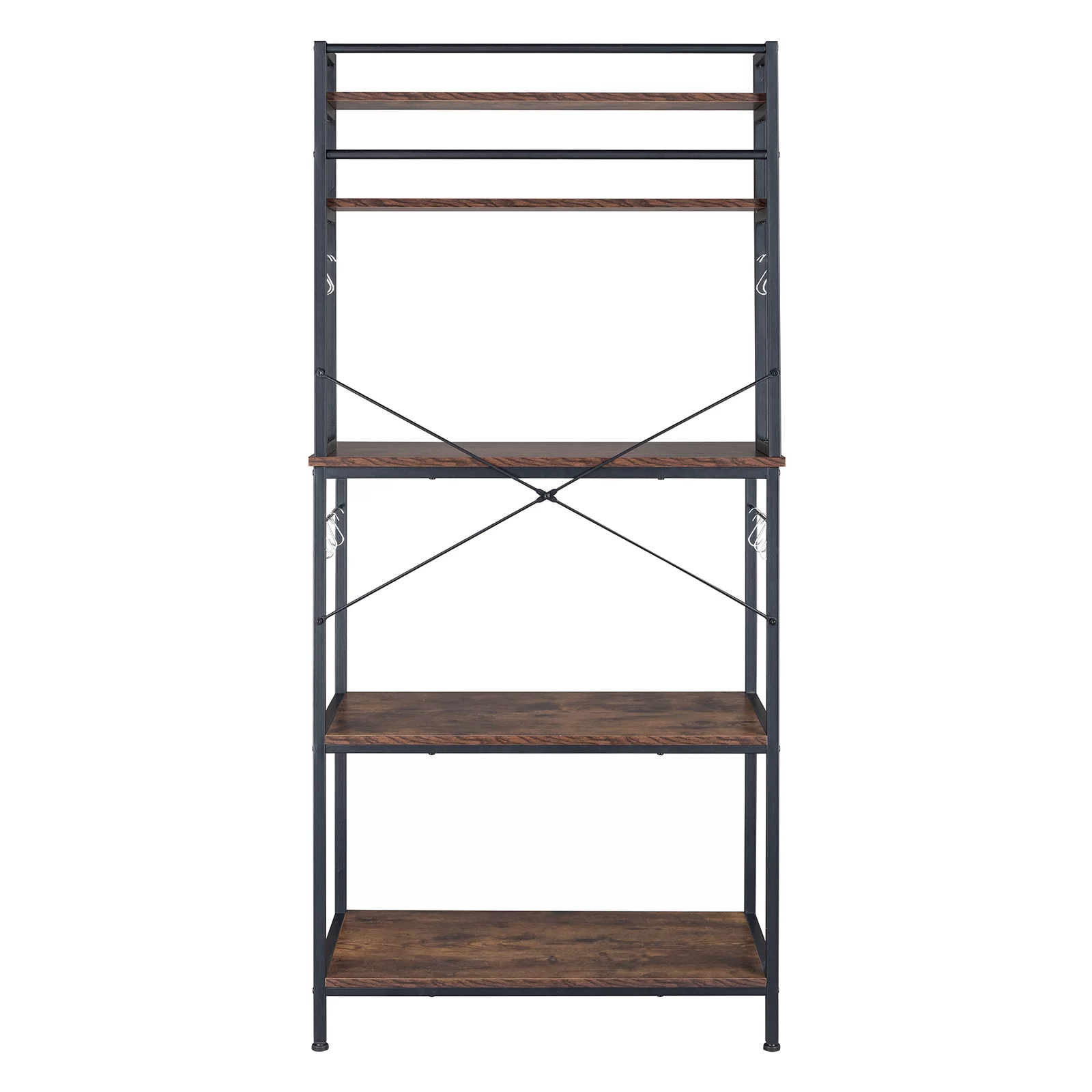5-Tier Kitchen Bakers Rack with 10 S-Shaped Hooks, Industrial Microwave Oven Stand, Free Standing Kitchen Utility Cart Storage Shelf Organizer (Rustic Brown)