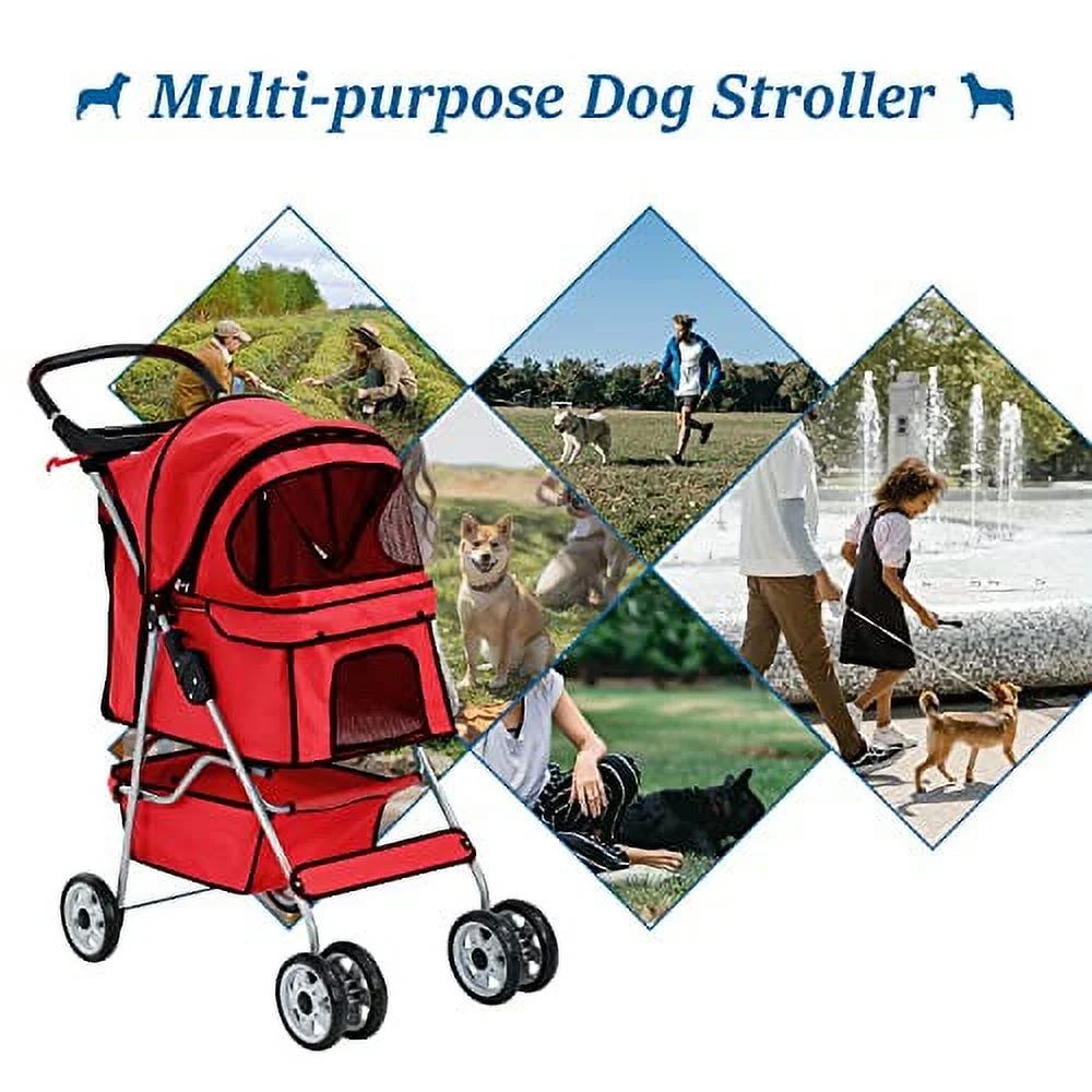 4 Wheels Pet Stroller Cat Dog Strollers Double Folding Carrier Cart Jogger Doggy Puppy Stroller with Zipper Mesh Door, Up to 33Lbs, Red, 17.5 inches (L) x 33 inches (W) x 38.6 inches (H)