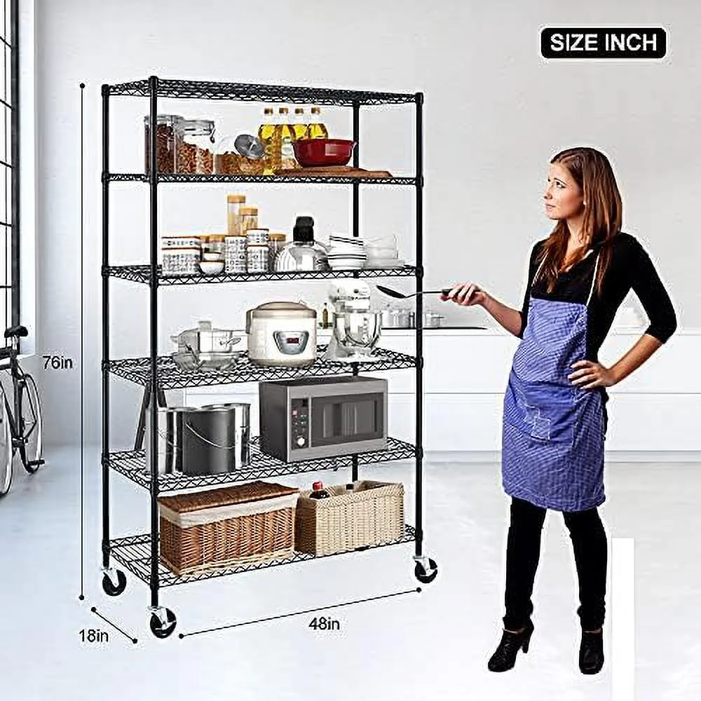 MQLIFEBOOM Metal Shelves Garage Shelving Wire Shelving Unit with Wheels  6000lbs Weight Capacity Heavy Duty NSF Height Adjustable  Shelves 6 Tier Steel Commercial Grade Wire Rack  Black