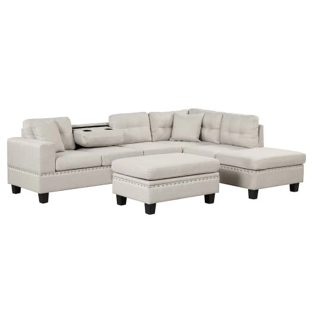 JHOOTUUO 104.5” Modern Sectional Sofa with  Ottoman  L-Shape Couch with 2 Pillows and Cup Holder Sectional Sofa with Reversible Chaise for Living Room Light Gray