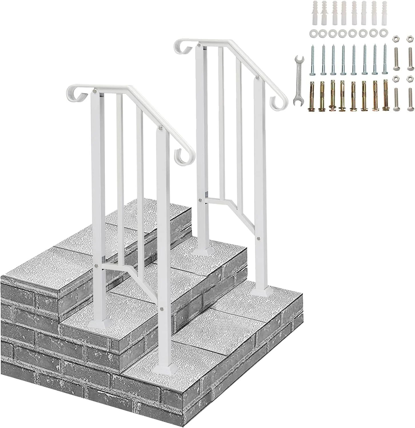 2 Pack 2 Step Handrails for Outdoor Steps, Wrought Iron Stair Railing Fits 1 or 2 Steps, Metal Hand Rail with Installation Kit, Staircase Handrails for Concrete, Porch, Deck, Exterior Steps, White