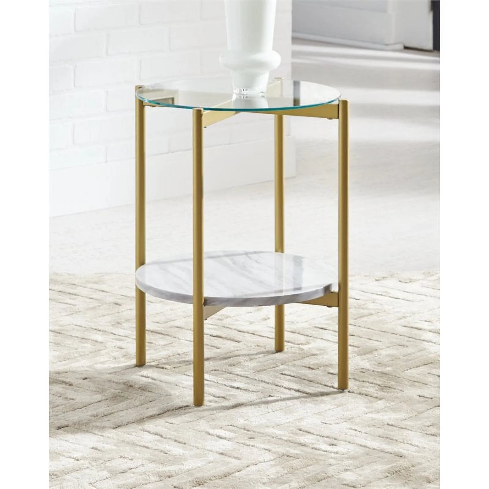 Bowery Hill Engineered Wood Round End Table in Gold & White
