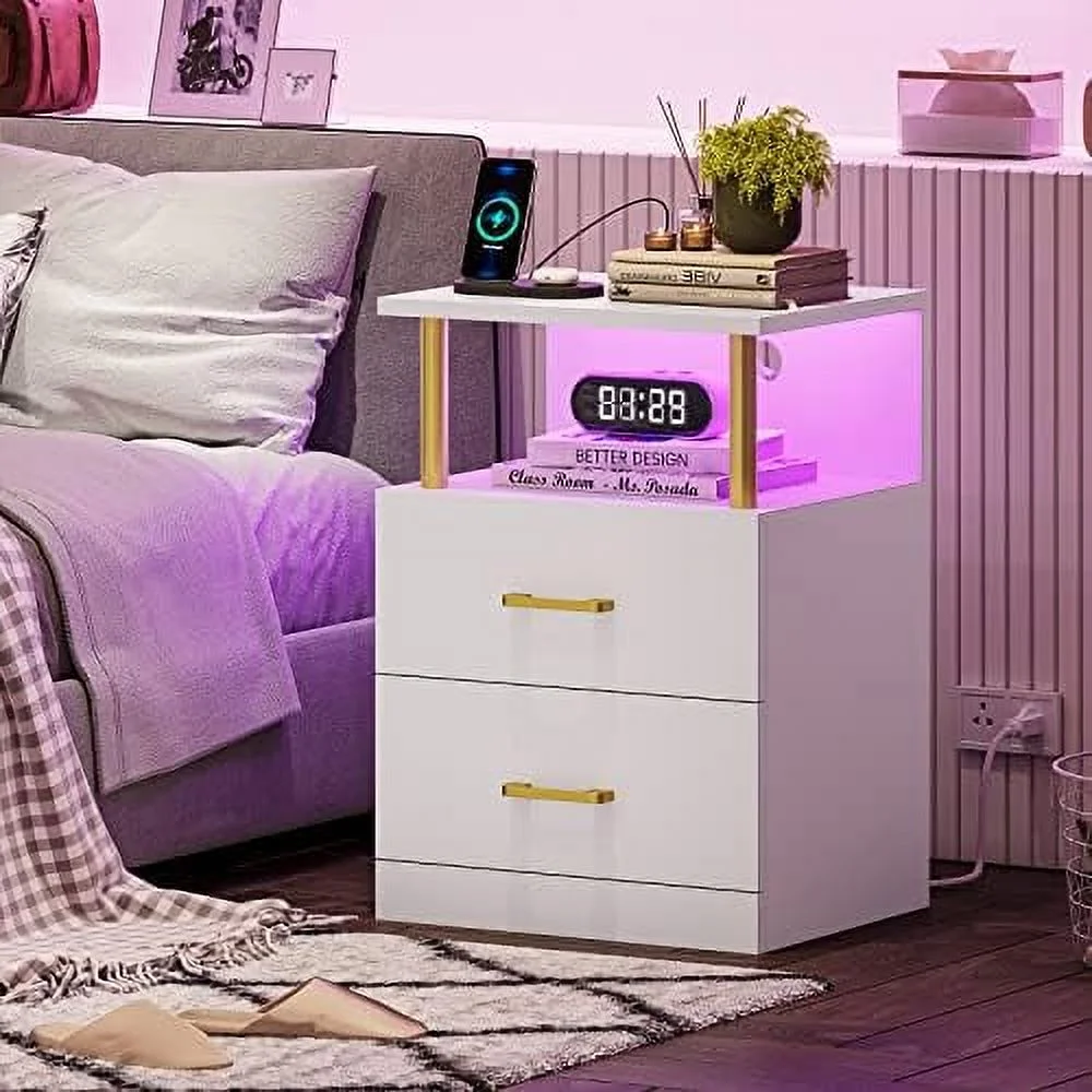 GVJMTKP LED Night Stand with Charging Station and USB Ports  White Night Stand with 2 Drawers  Modern End Side Tables with Open   Bedside Tables for Bedroom  Office