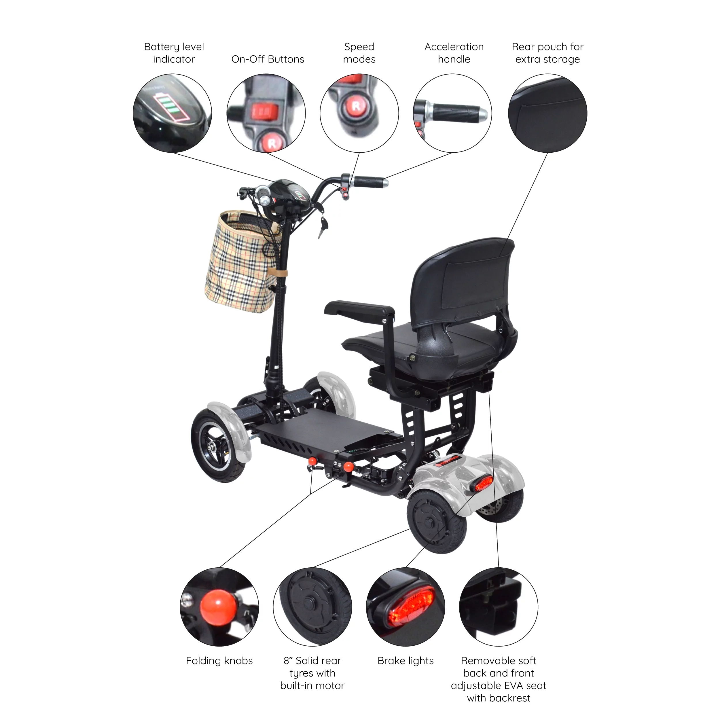Electric Battery Smart Medical Scooter, Foldable Larger Seat Travel Friendly Battery