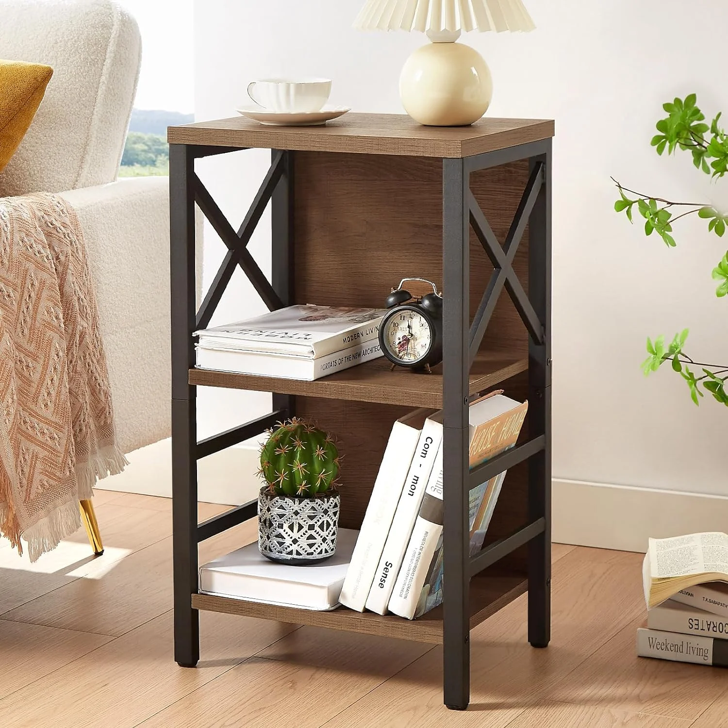 Bookcase, Industrial 3 Tier Bookshelf, Rustic Wood and Metal Bookcase, FreeStanding Storage Small Bookcase for Small Space, Living Room, Bedroom and Home Office, Brown