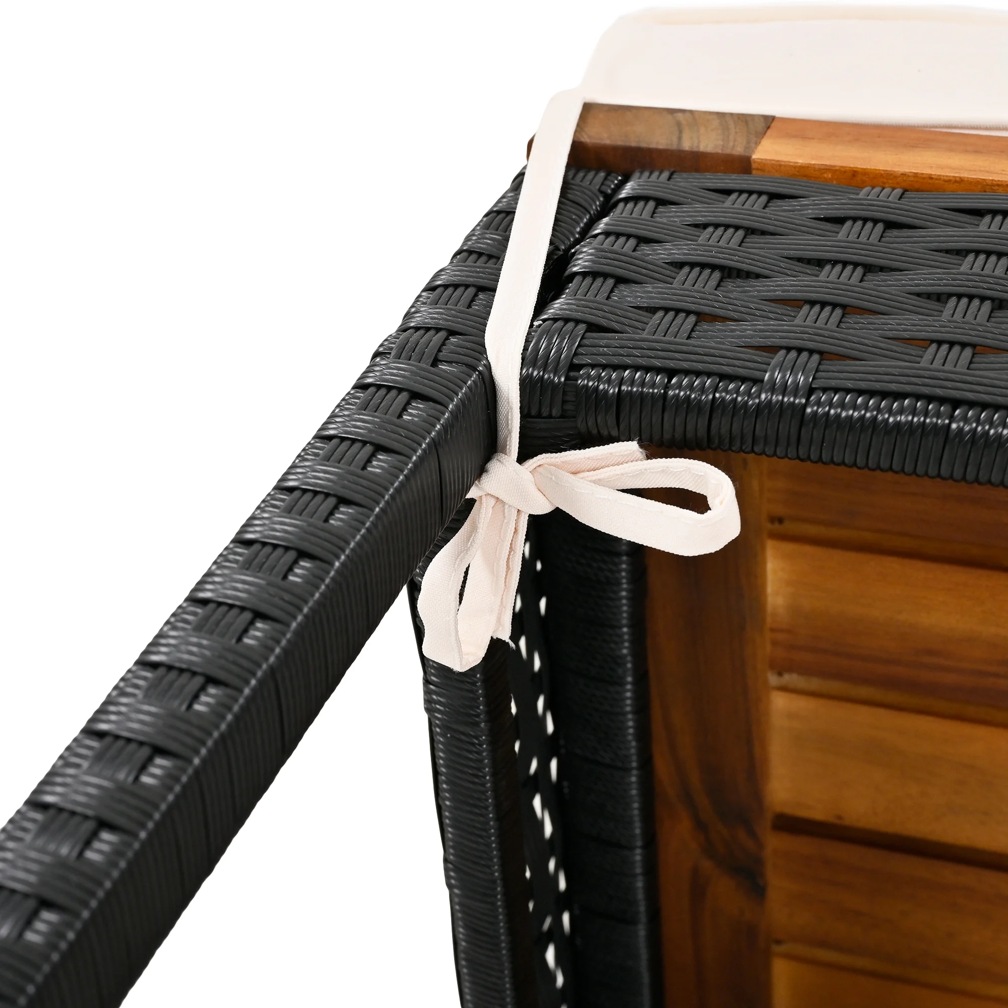 5 Pieces Outdoor Dining Table Set for 4, 43.3'' Wide Acacia Wood Bar Height Table & Four Stools With Cushions, Large Dining Furniture Set for Patio, Deck, Yard, Porch