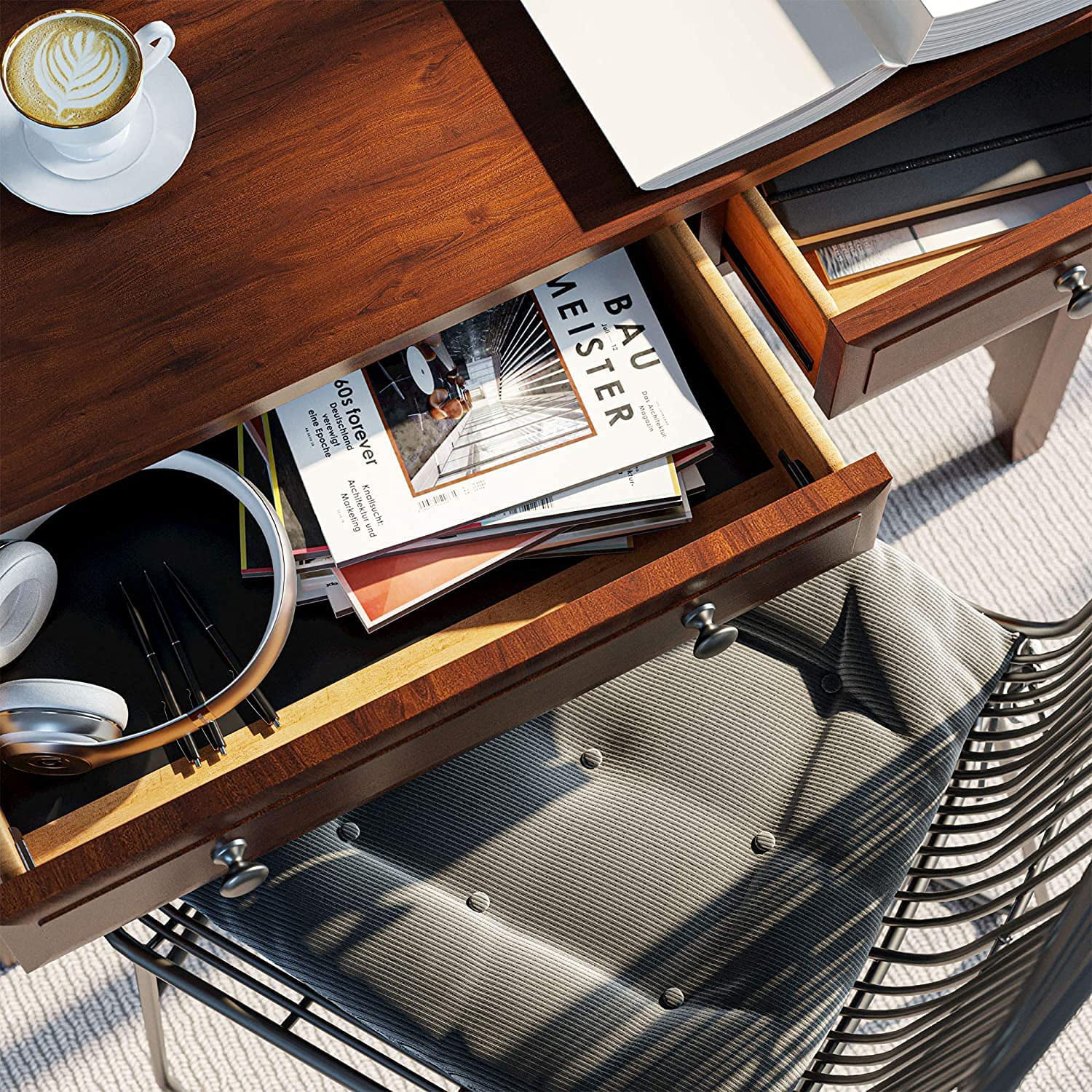 Computer Desk，Solid Wood,55 Inch Gaming Desk with 2 drawers,Rectangular Distressed