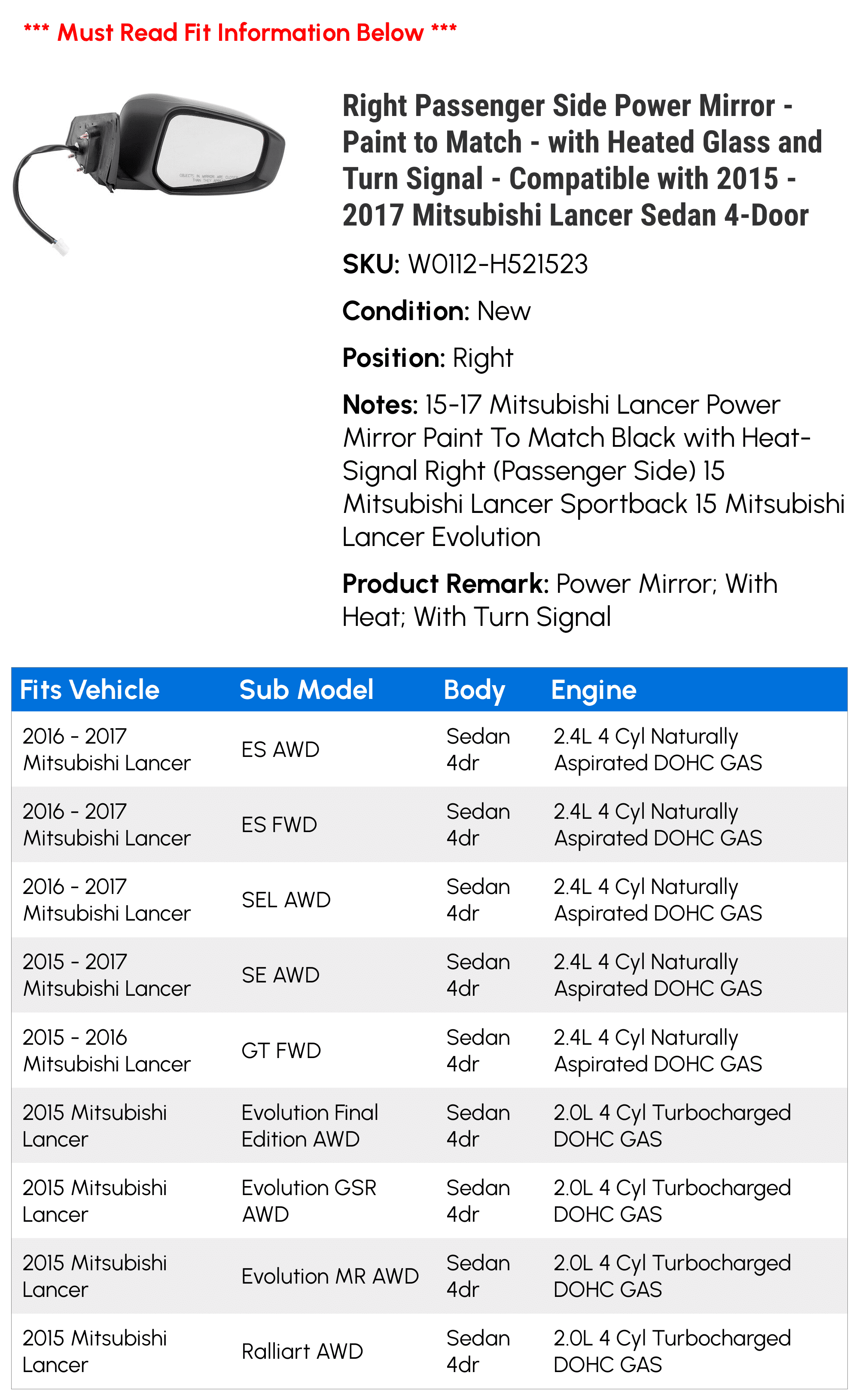 Right Passenger Side Power Mirror - Paint to Match - with Heated Glass and Turn Signal - Compatible with 2015 - 2017 Mitsubishi Lancer Sedan 4-Door 2016