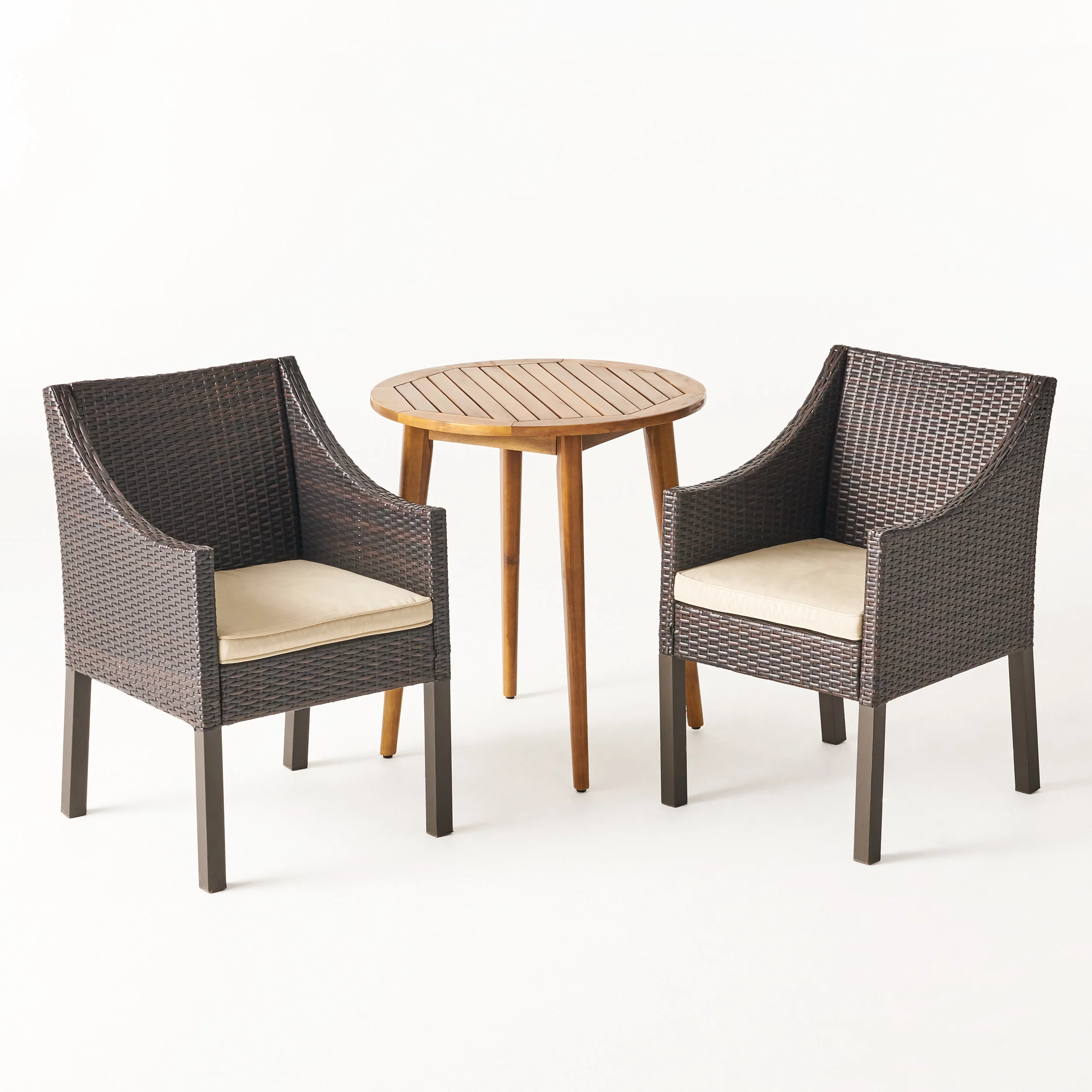 GDF Studio Everest Outdoor Acacia Wood and Wicker 3 Piece Bistro Set, Beige, Multibrown, and Teak