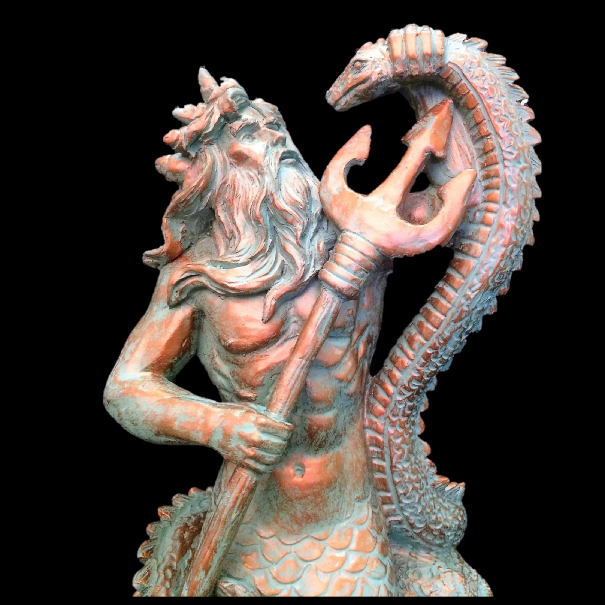 Homestyles 22 in. Bronze Patina Poseidon Ruler of Sea Sitting on Rock Nautical Beach Extra Large Mermaid Statue