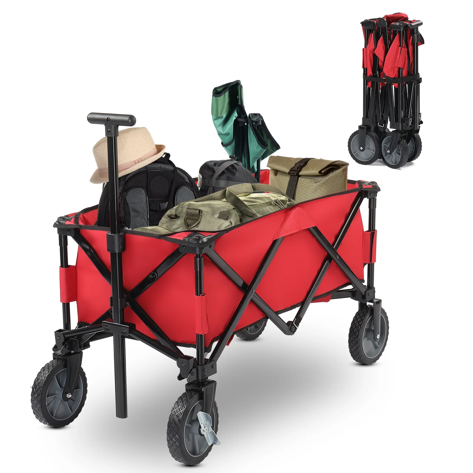 Sports Heavy Duty Steel Frame Collapsible Folding 150 Pound Capacity Outdoor Camping Garden Utility Wagon Yard Cart, Red 35*19*38inch