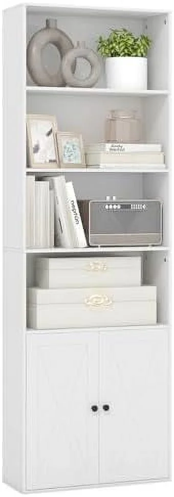 NTTBOBOEC 71" Tall Bookcase with Doors  Modern 4-Tier White Bookshelf with Anti-Tipping Kits  Farmhouse Wooden Book  with   Wood Open  Display Cabinet  4-Cube Book Case for Bedroom