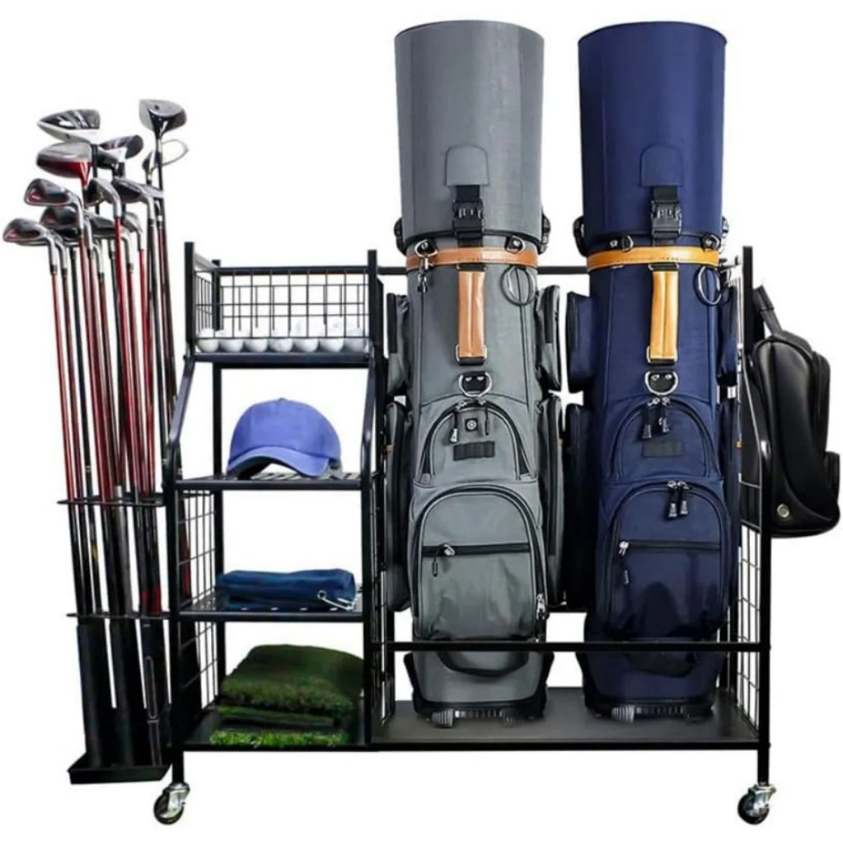 WSYW Golf Bag Organizer, Golf Bag Storage Rack Fit for 2 Golf Bags, 21 Golf Clubs, Balls, and Accessories with Lockable Wheels Organizer