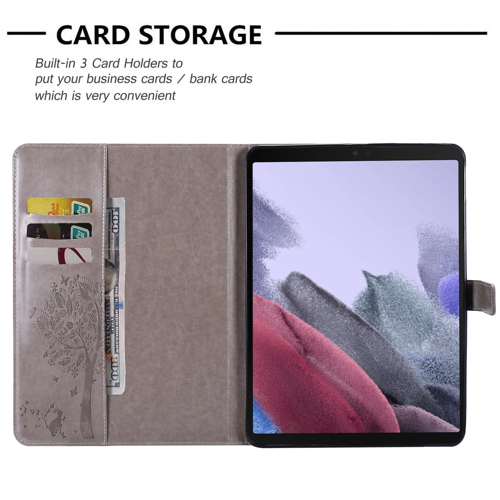 for Samsung Galaxy Tab A7 Lite 8.7 Inch 2021 Model (SM-T220/T225/T227) Case, Embossed Cat & Tree PU Leather Retro Shockproof Magnetic Clasp Wallet Card Slots Folio Kickstand Cover, Gray