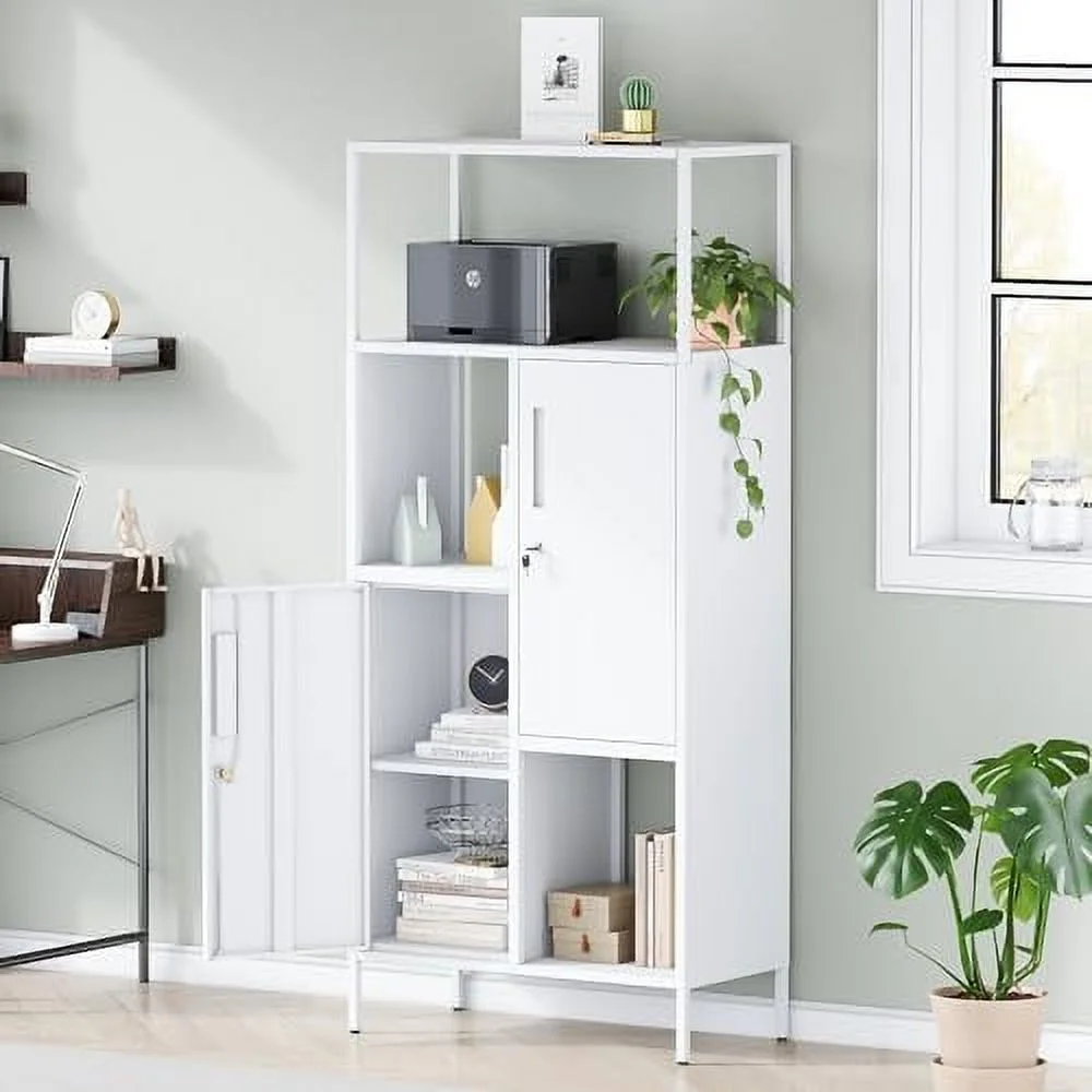 GVJMTKP 5-Tier Bookshelf  Tall Bookcase with Doors  Industrial Display Standing  Units with Lock & Wheel  Metal  Shelves for Living Room  Bedroom  Home Office (Black)