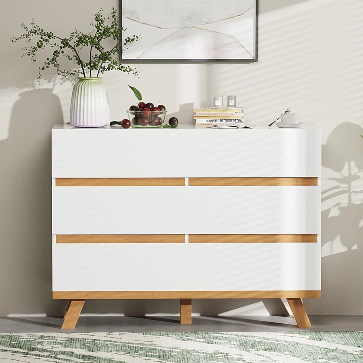 HYHBIBOOM White Dresser for Bedroom  6 Drawer Double Dresser with Wide Chest of Drawers for Closet  Modern Large Dresser High Gloosy Wood  Organizer for Living Room  Entryway  Nursery  47