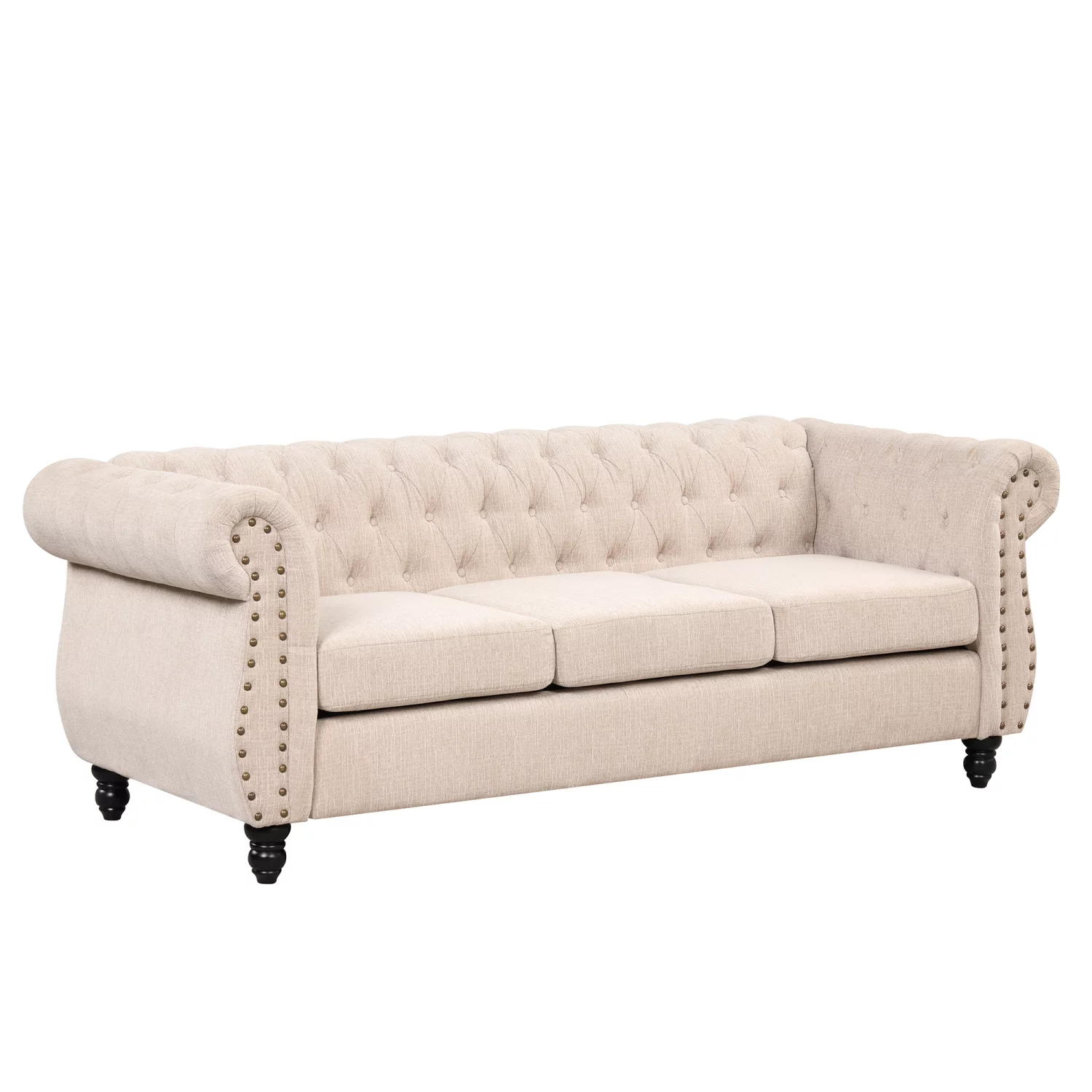 82” modern sofa Dutch plush upholstered sofa  solid wood legs  buttoned tufted backrest  beige