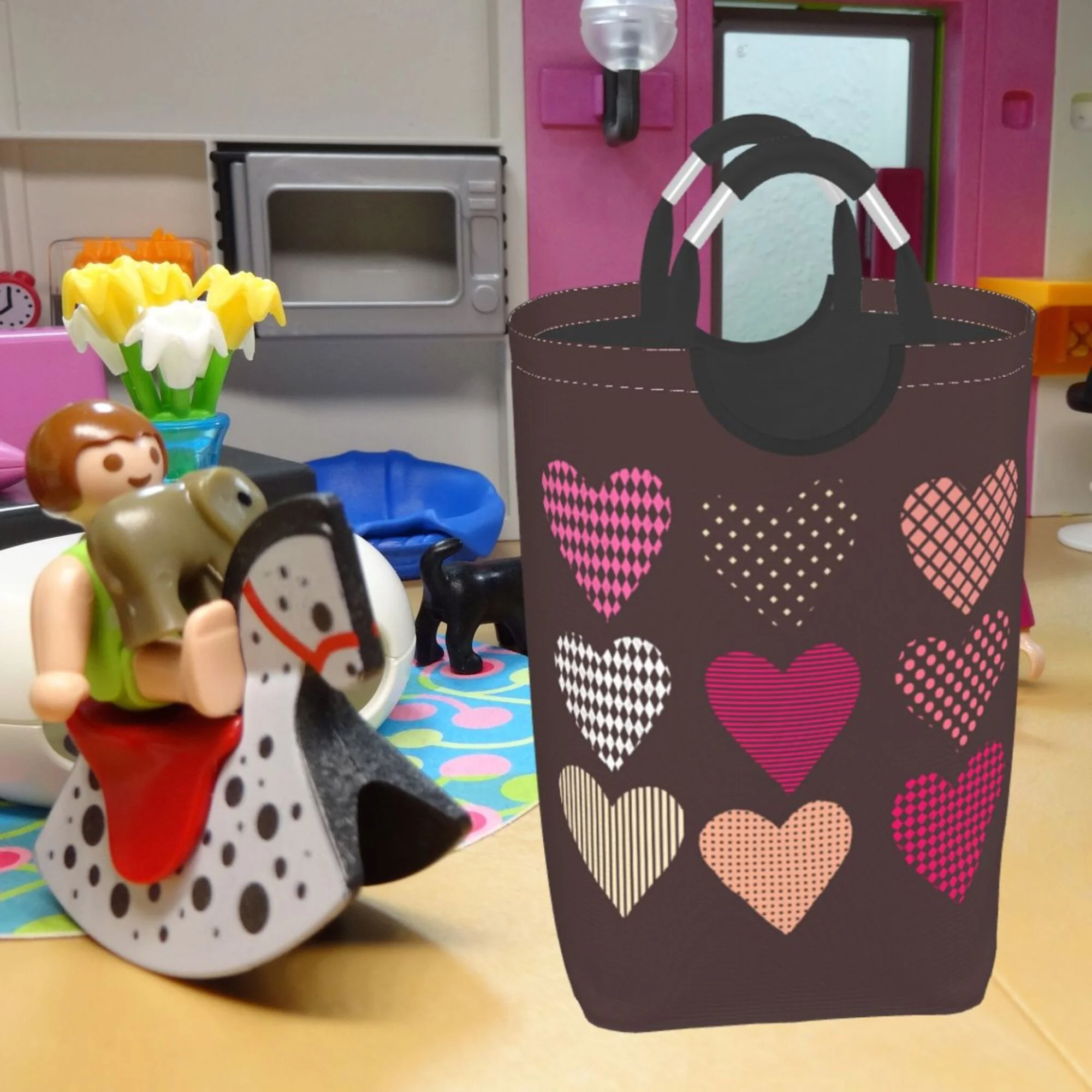 TEQUAN 50L Large Rectangular Laundry Hamper with Aluminum Handles, Brown Romantic Love Prints Waterproof Foldable Dirty Clothes Basket