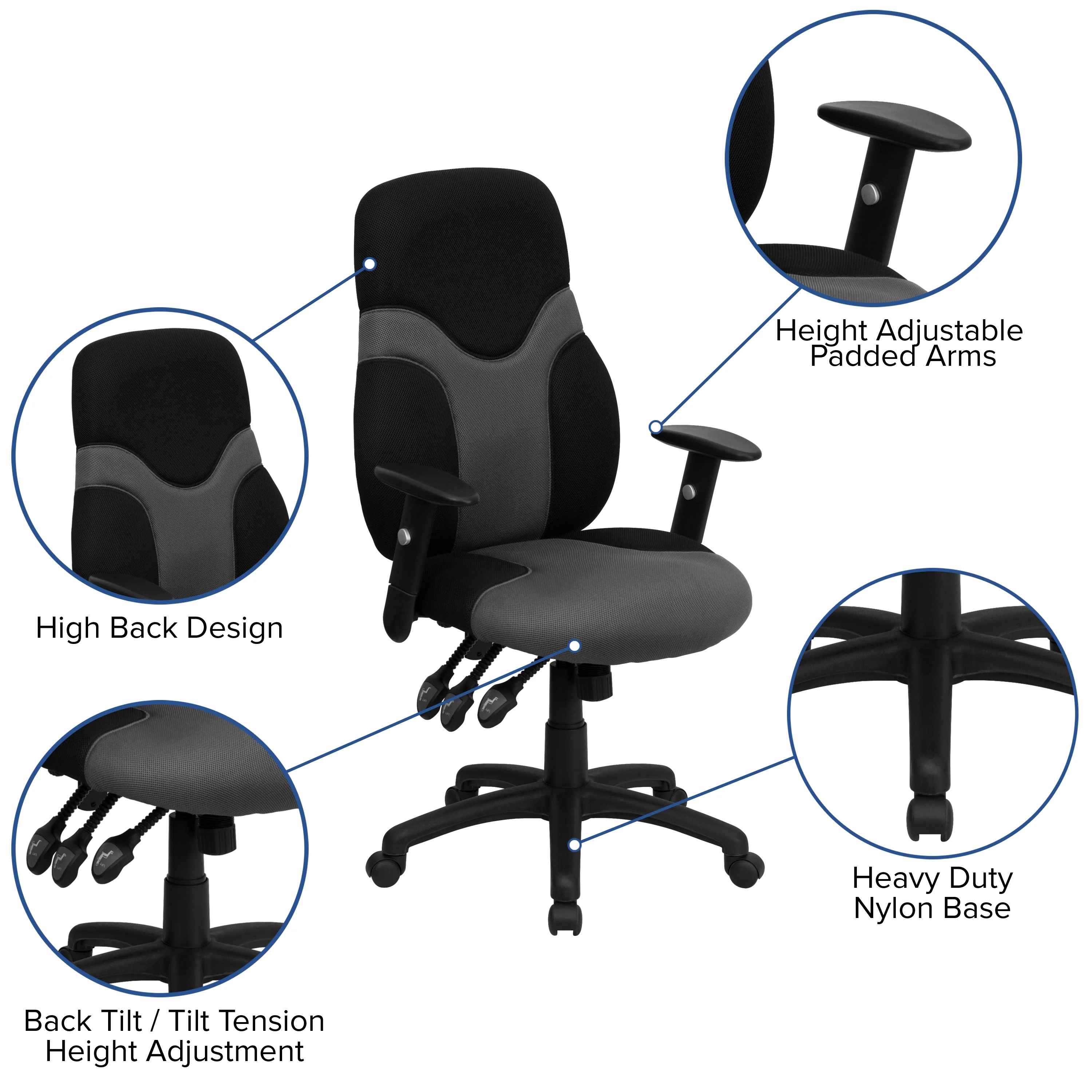 Emma + Oliver High Back Ergonomic Black/Gray Mesh Swivel Task Office Chair w/ Adjustable Arms