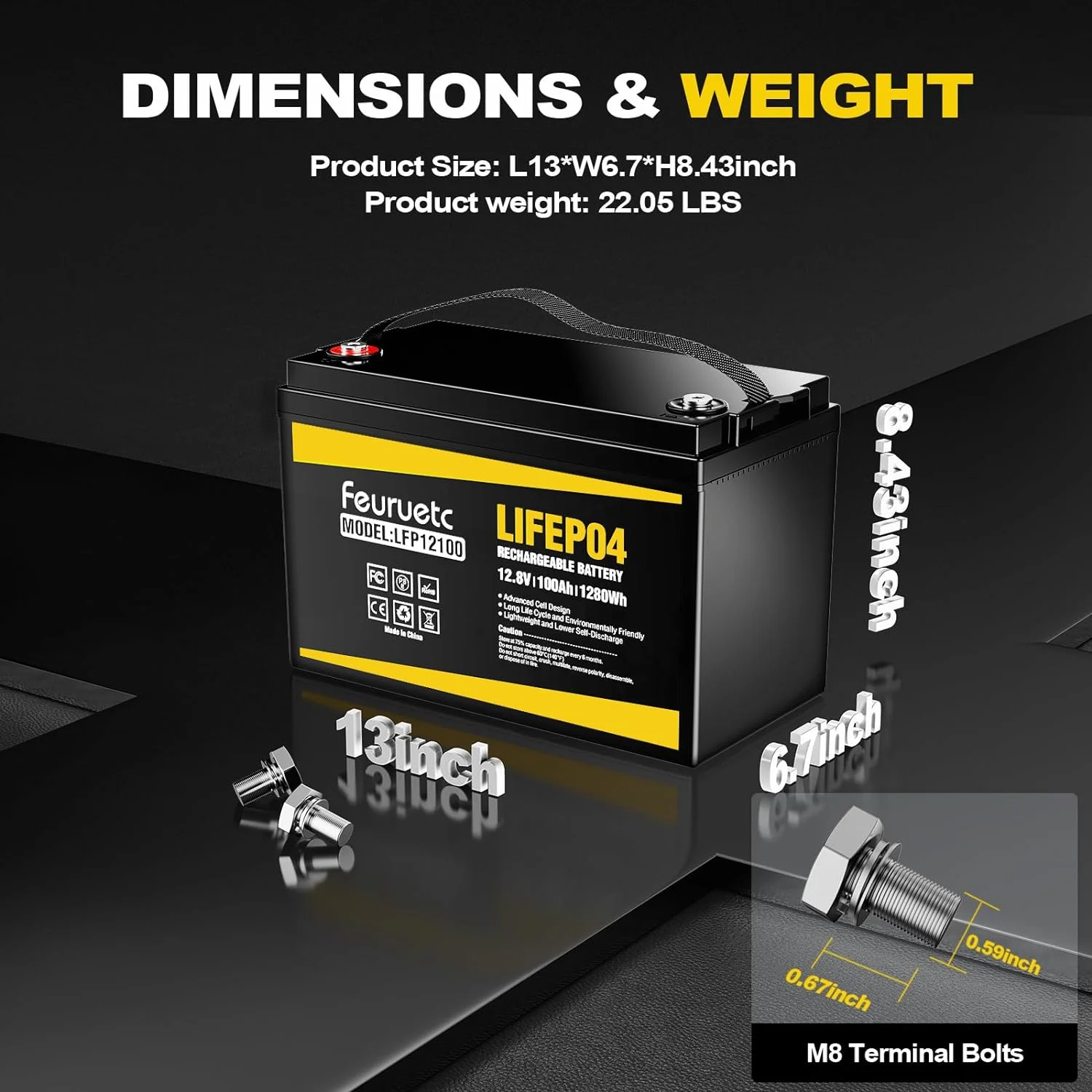 Feuruetc 12V 100Ah LiFePO4 Battery Built-in 100A BMS, Up to 15000 Deep Cycles,Temperature Protection - Perfect for RV, Marine, Home Energy Storage(12V 100A)
