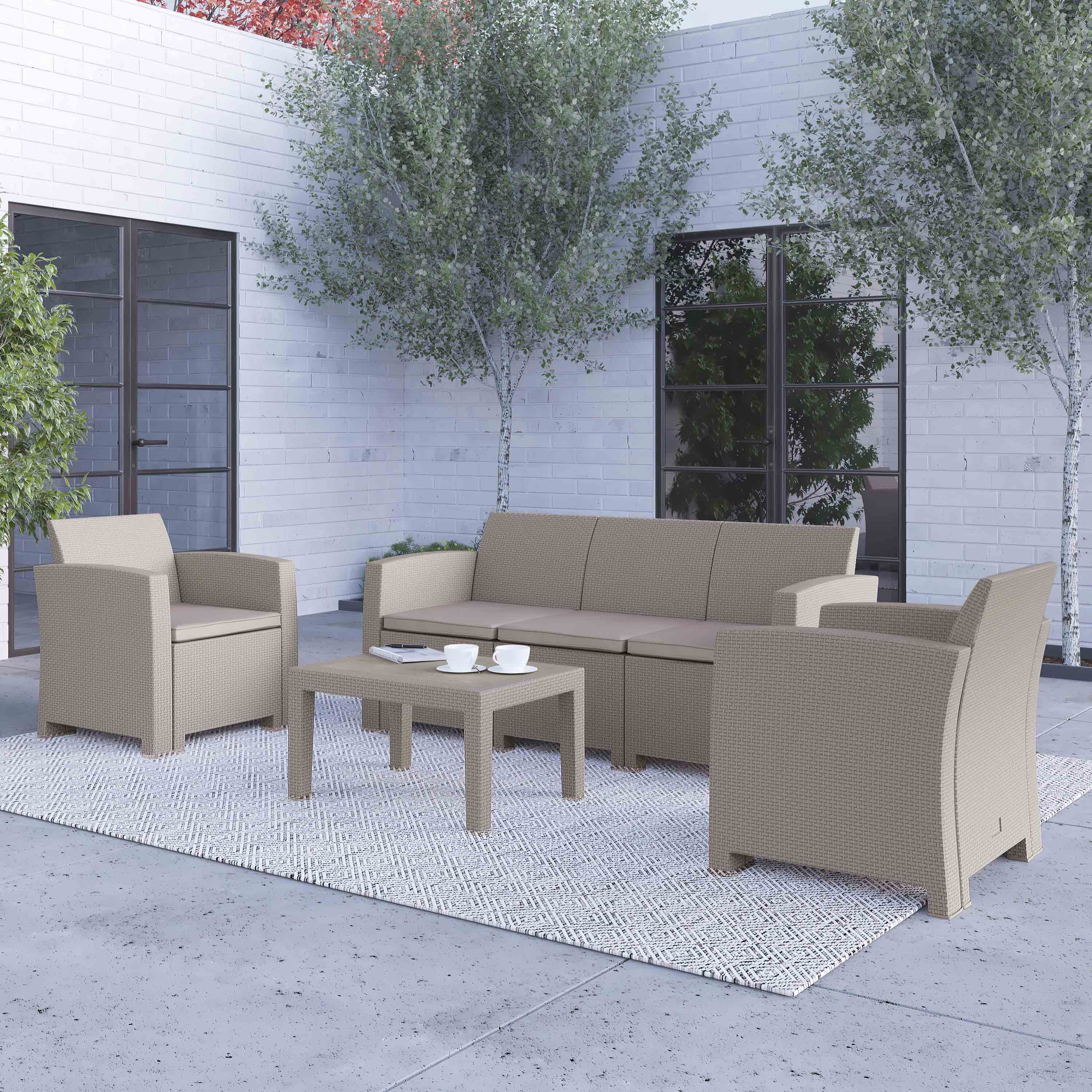 Merrick Lane 4 Piece Light Gray Faux Rattan Patio Furniture Set with 2 Chairs and Sofa with Removable Light Gray Cushions and Table