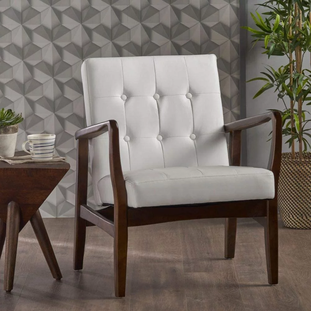 GDF Studio Conrad Century Modern Faux Leather Club Chair With Wood Frame, White And Dark Espresso