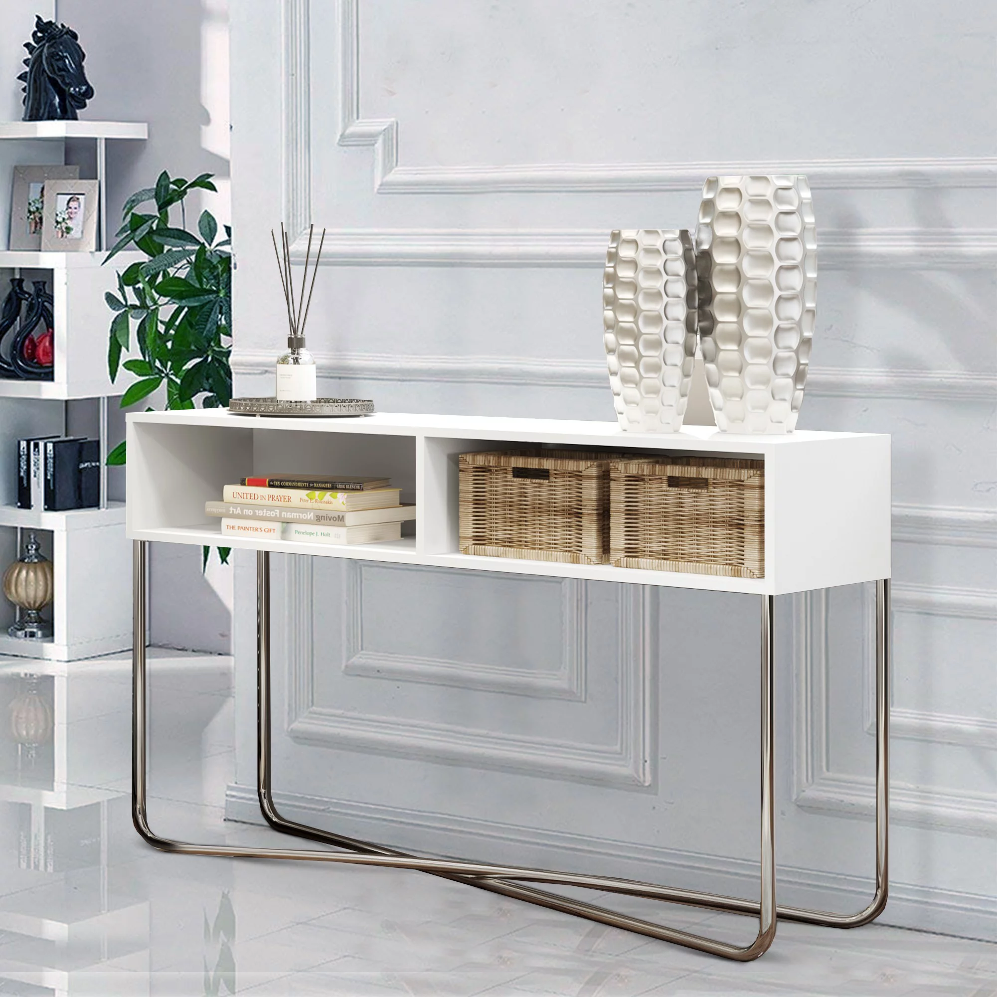 Wooden Console Table with 2 Open Compartments and Metal Frame, White and Chrome