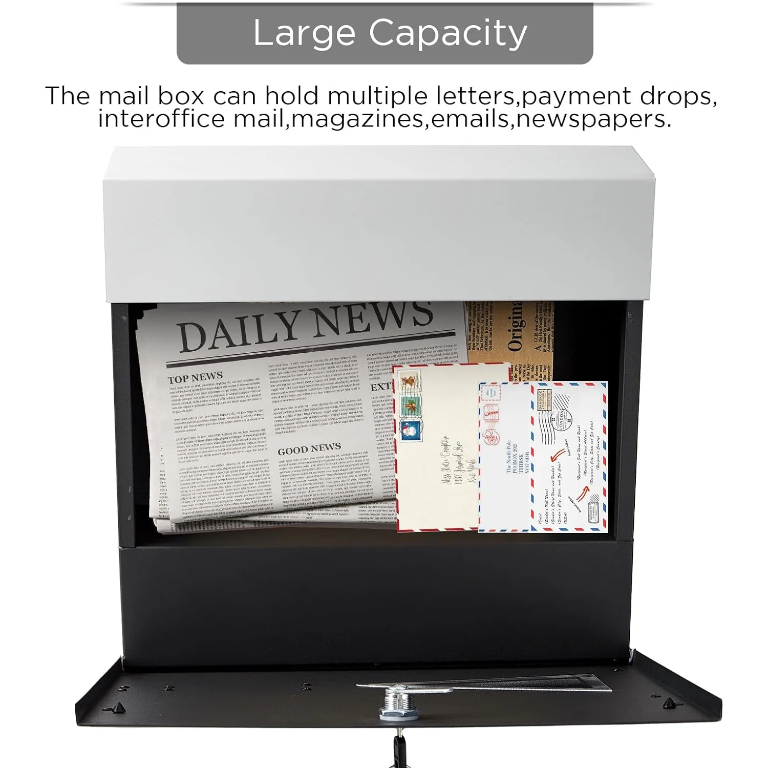 BESTLSE Wall Mount Mailbox,Large Capacity Locking Mailbox with Newspaper Holder 14.5*14.5*4.2