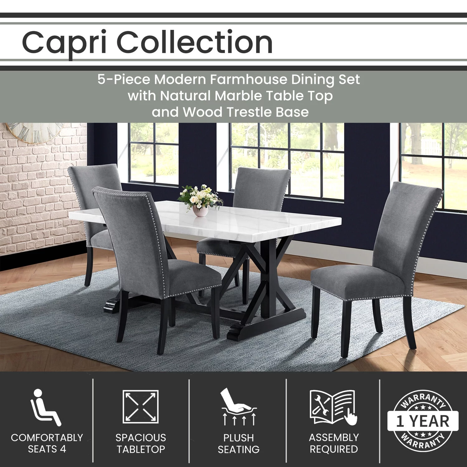 Hanover Capri 5-Piece Dining Room Set with Natural White Marble Top Trestle Table and 4 Side Chairs | Modern Luxury Furniture for Home | Gray Upholstered Chairs | Acacia Wood Base | HDR015-5PC-WHT