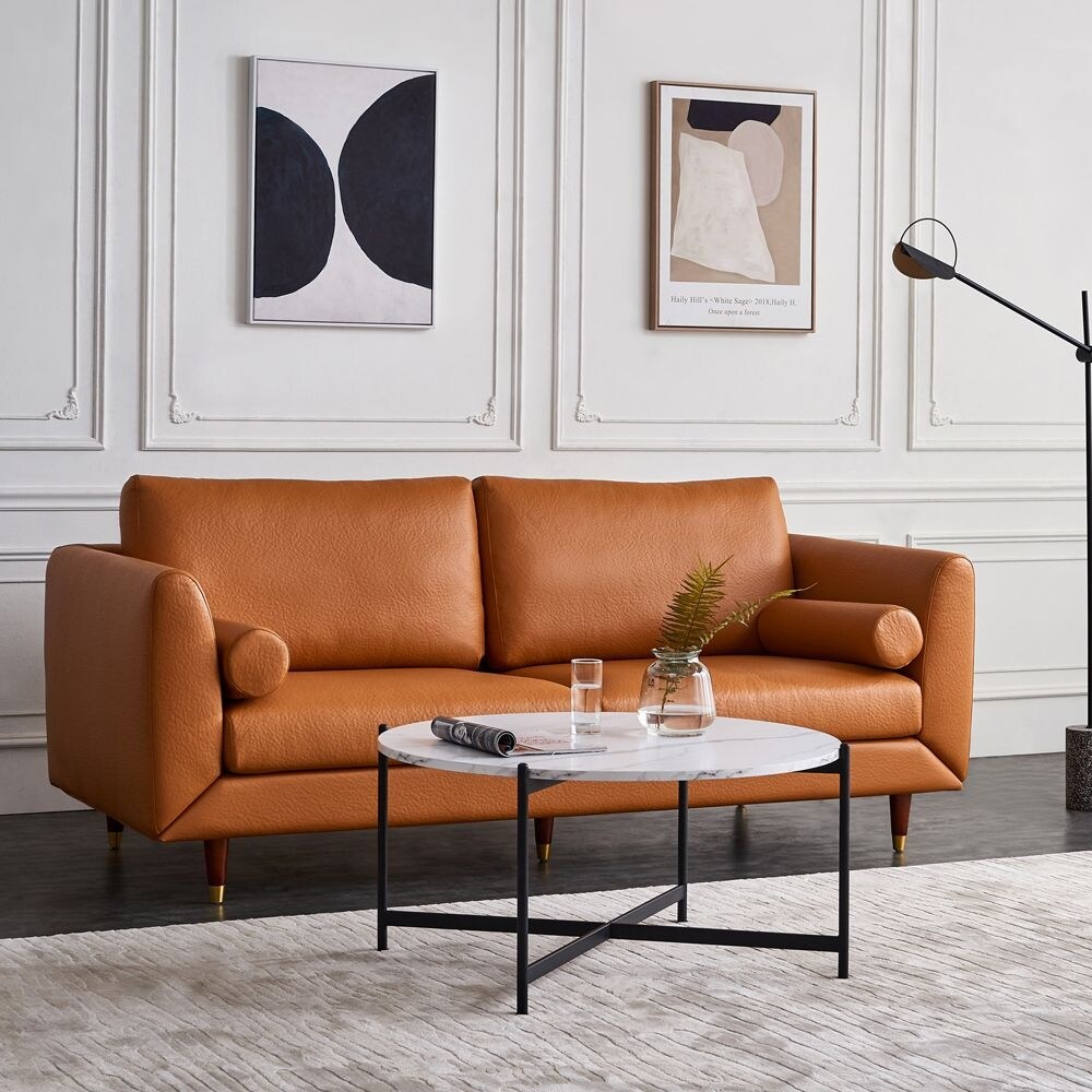 Modern Round coffee table,metal frame with walnut top-36 in. Brown and Black