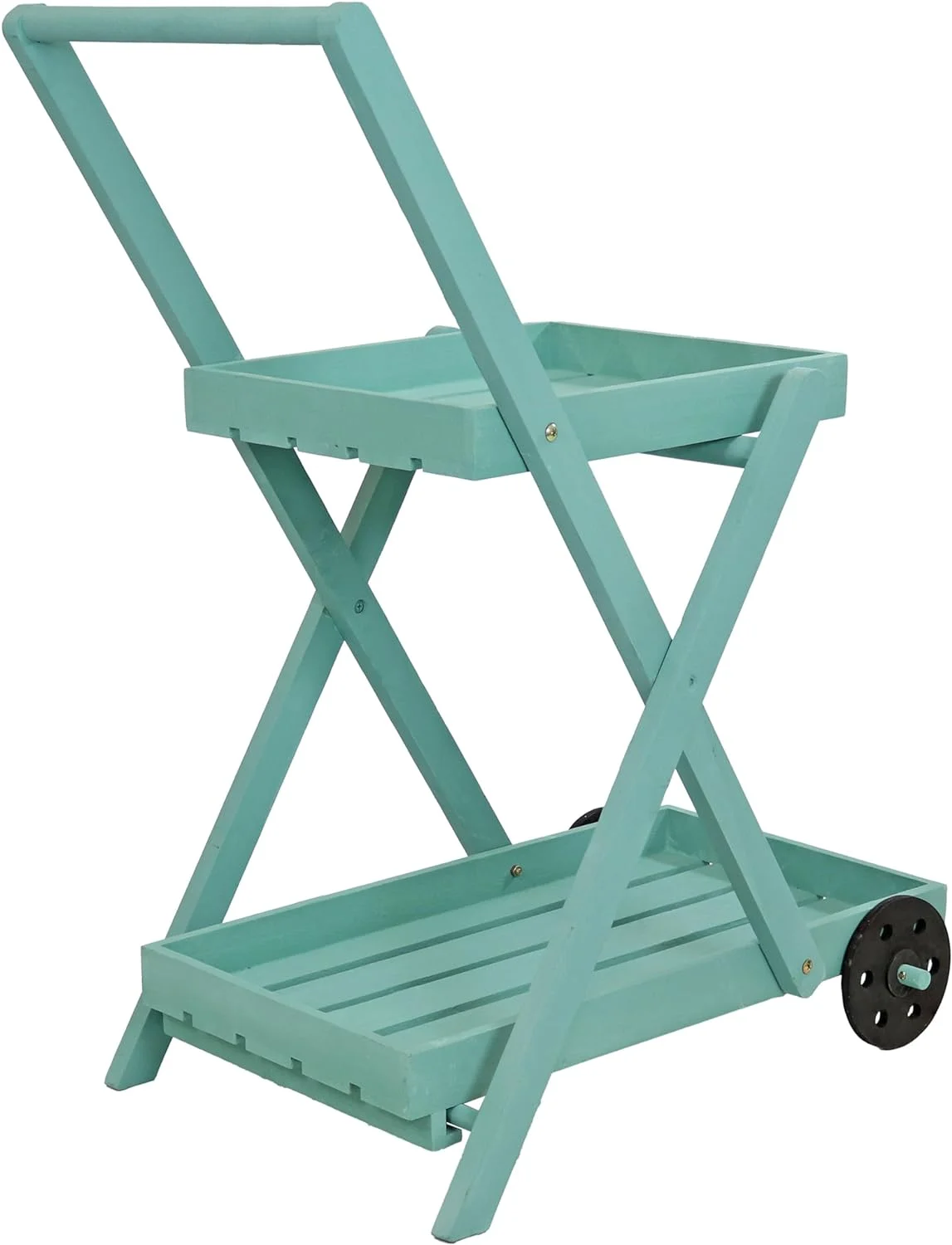 LIANMEI 2-Tiered Flower Garden Cart with Built-In Handle - Fir Wood - 20 lb Weight Capacity - 34” H - Robin Egg Blue