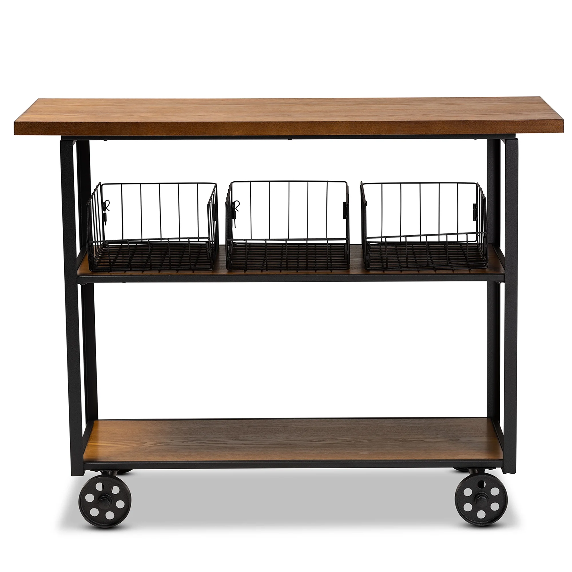 Baxton Studio Felix Industrial Wood and Metal 3 Tier Mobile Console Table, Walnut/Black
