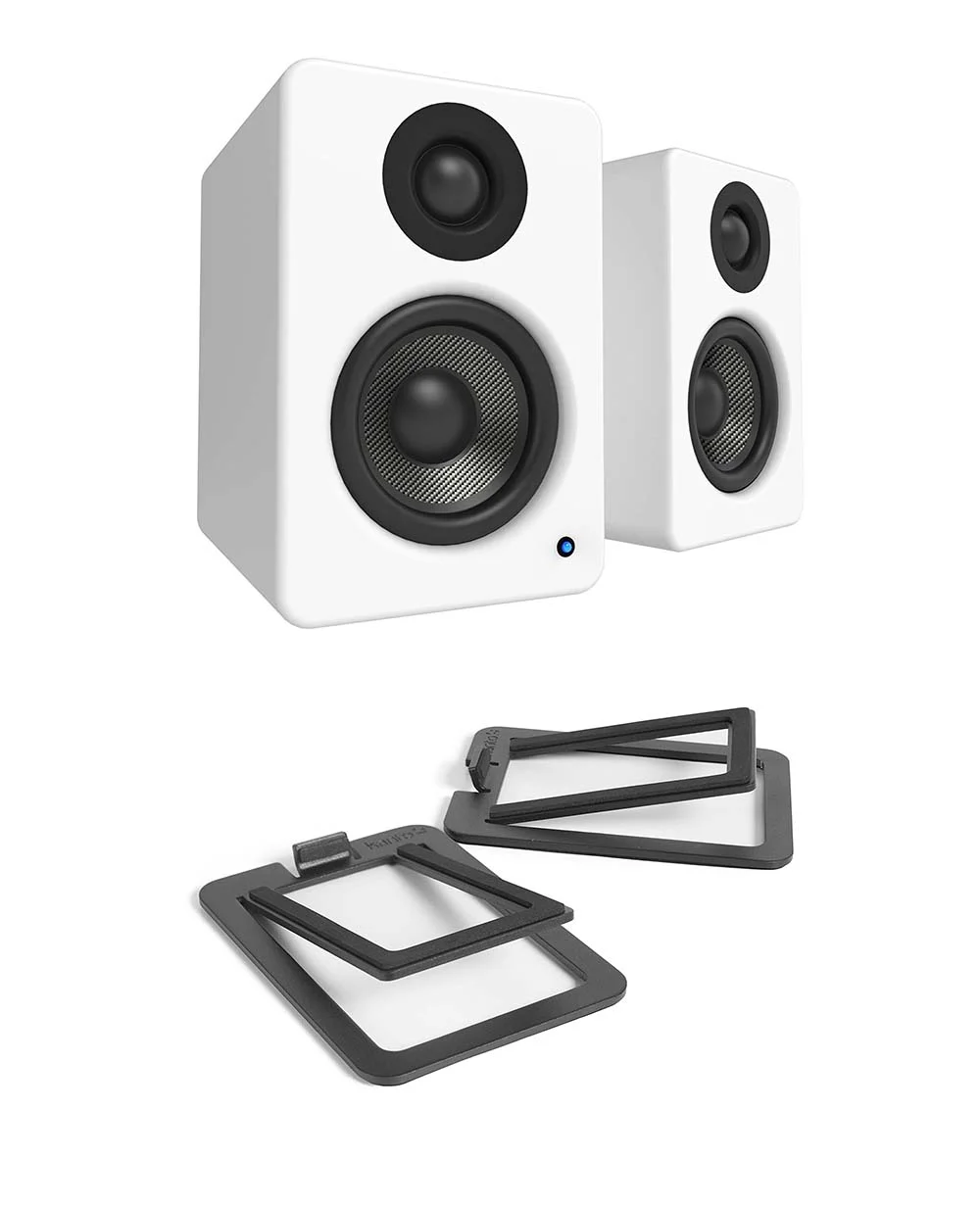 Kanto YU2 PC Gaming Desktop Speakers 100W - Matte White (Pair) with Kanto S2 Angled Desktop Speaker Stands - Black (Pair) (2022)