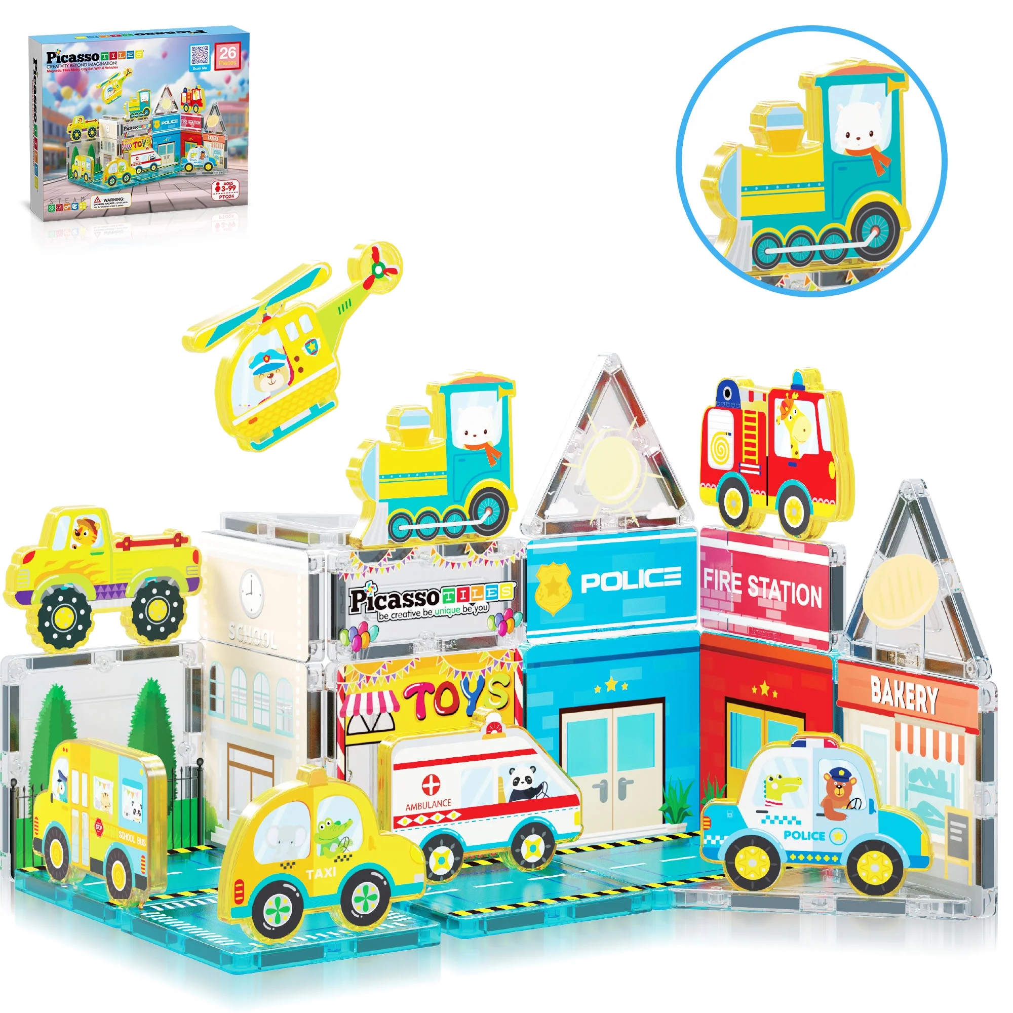 PicassoTiles 26 PC Metro City Themed, Magnetic Tiles, Magnetic Building Blocks for Kids, Magnet for Kids 3+