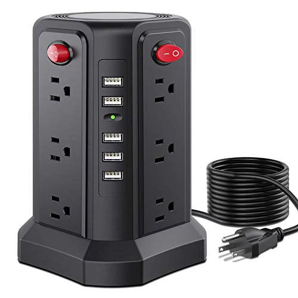 SMALLRT 12 Outlet Surge Protector Power Strip Tower with 5-USB Ports, 16.4 ft Extension Cord, Black