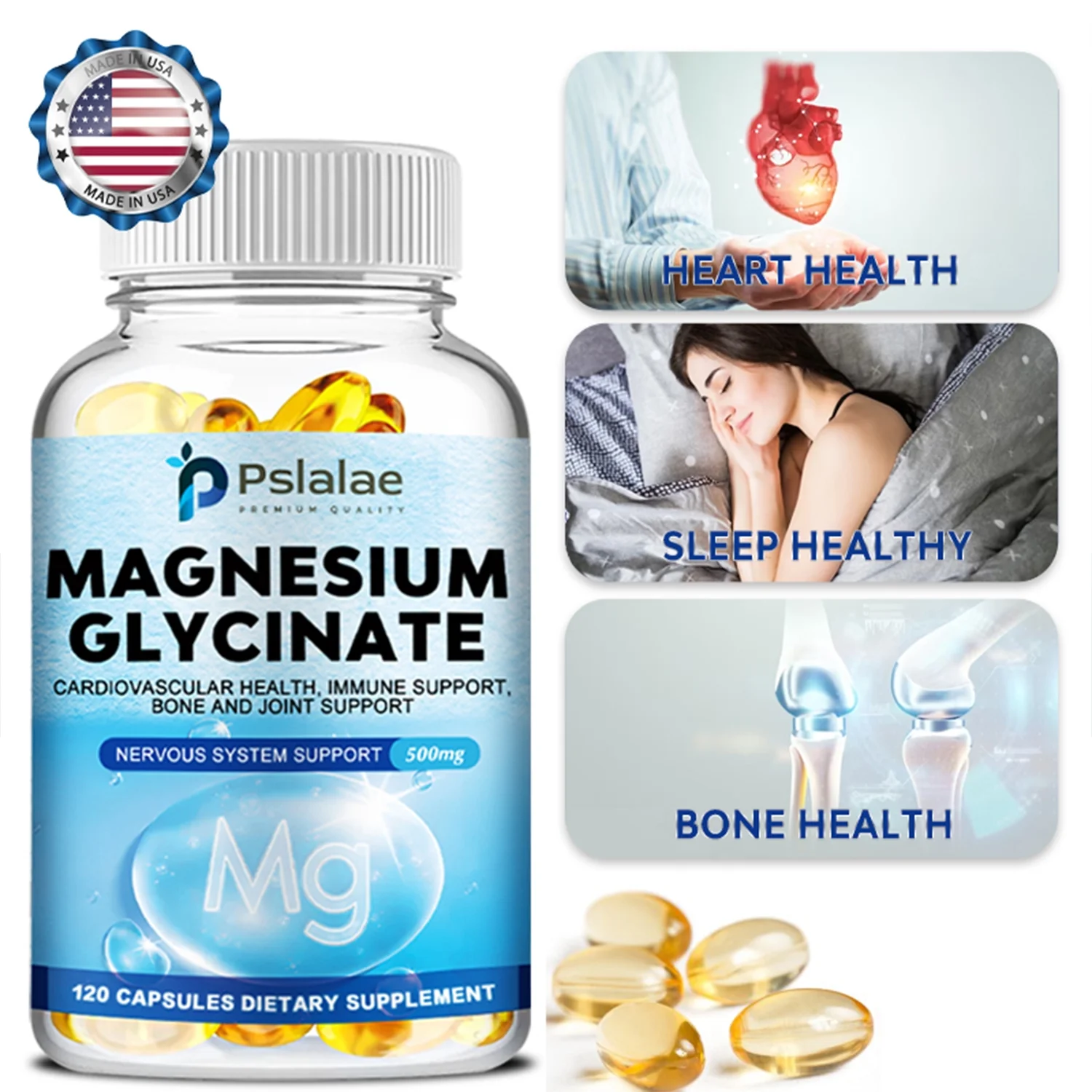 Pslalae Magnesium Glycinate 500mg - Sleep Support, Muscle Relaxation, Leg Cramp Relief(30/60/120pcs)