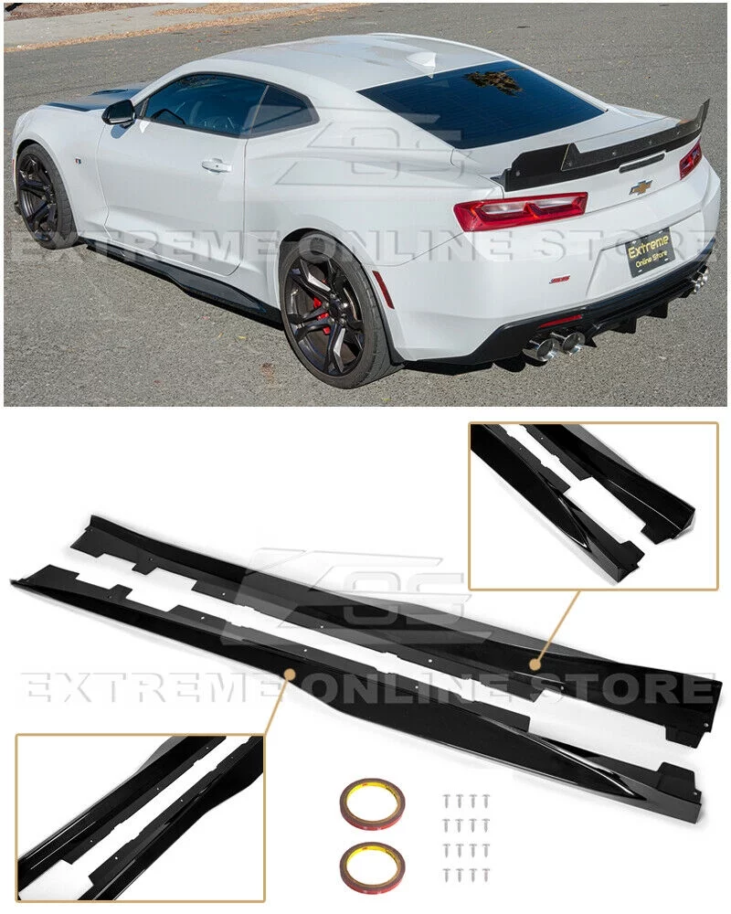 Replacement For 2016-2018 Chevrolet Camaro SS & RS | ZL1 Style Side Skirts Rocker Panel Extension Pair (ABS Plastic - Glossy Black)