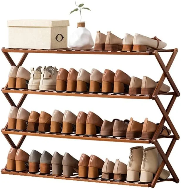 Foldable Shoe Rack, 4 Tier Bamboo Shoe Rack for Entryway, Multifunctional Free Standing Shoe Shelf Storage Organizer for Home, Door, Hallway, Balcony, Bedroom