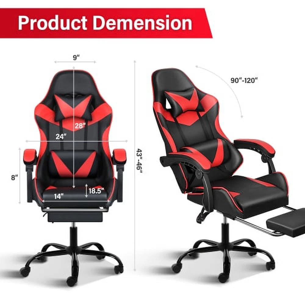 Racing Video Backrest and Seat Height Recliner Gaming Office High Back Computer Ergonomic Adjustable Swivel Chair, With footrest, Black/red