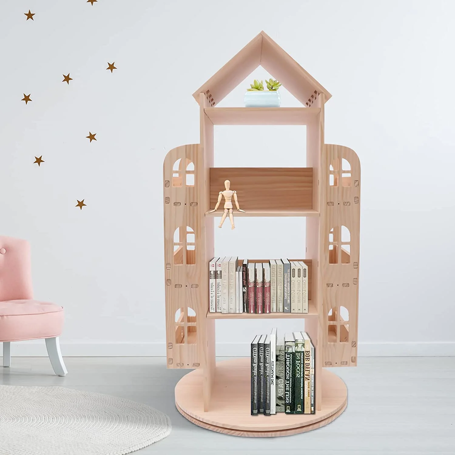 Fichiouy 360 Rotating 4-Tier Bookshelf Display Rack Stand Freestanding Storage Shelf Rack for Kids Display Case Bookrack