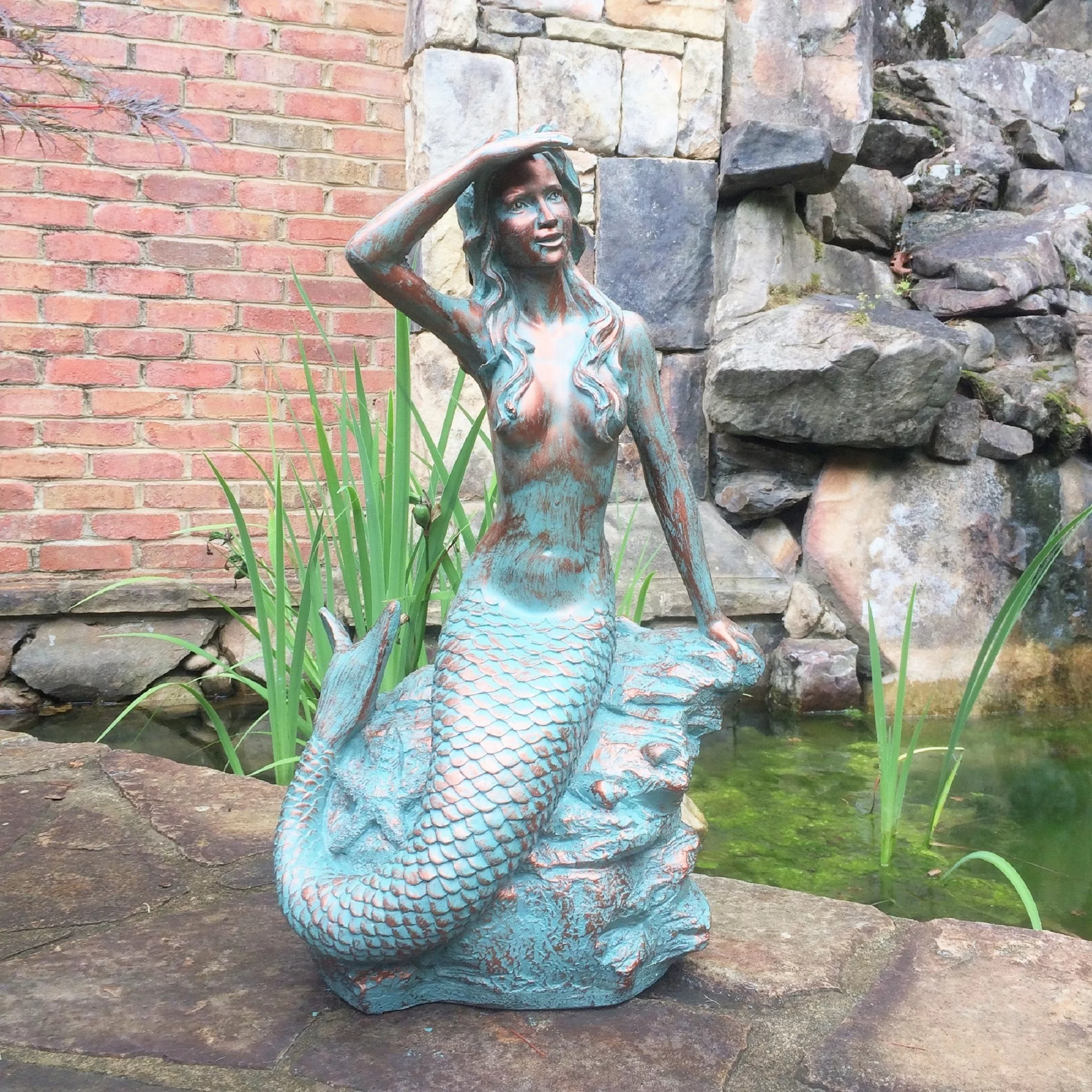 Homestyles 22 in. Bronze Patina Classic Mermaid Sitting on Coastal Rock Looking Out to Sea Beach Nautical Extra Large Statue