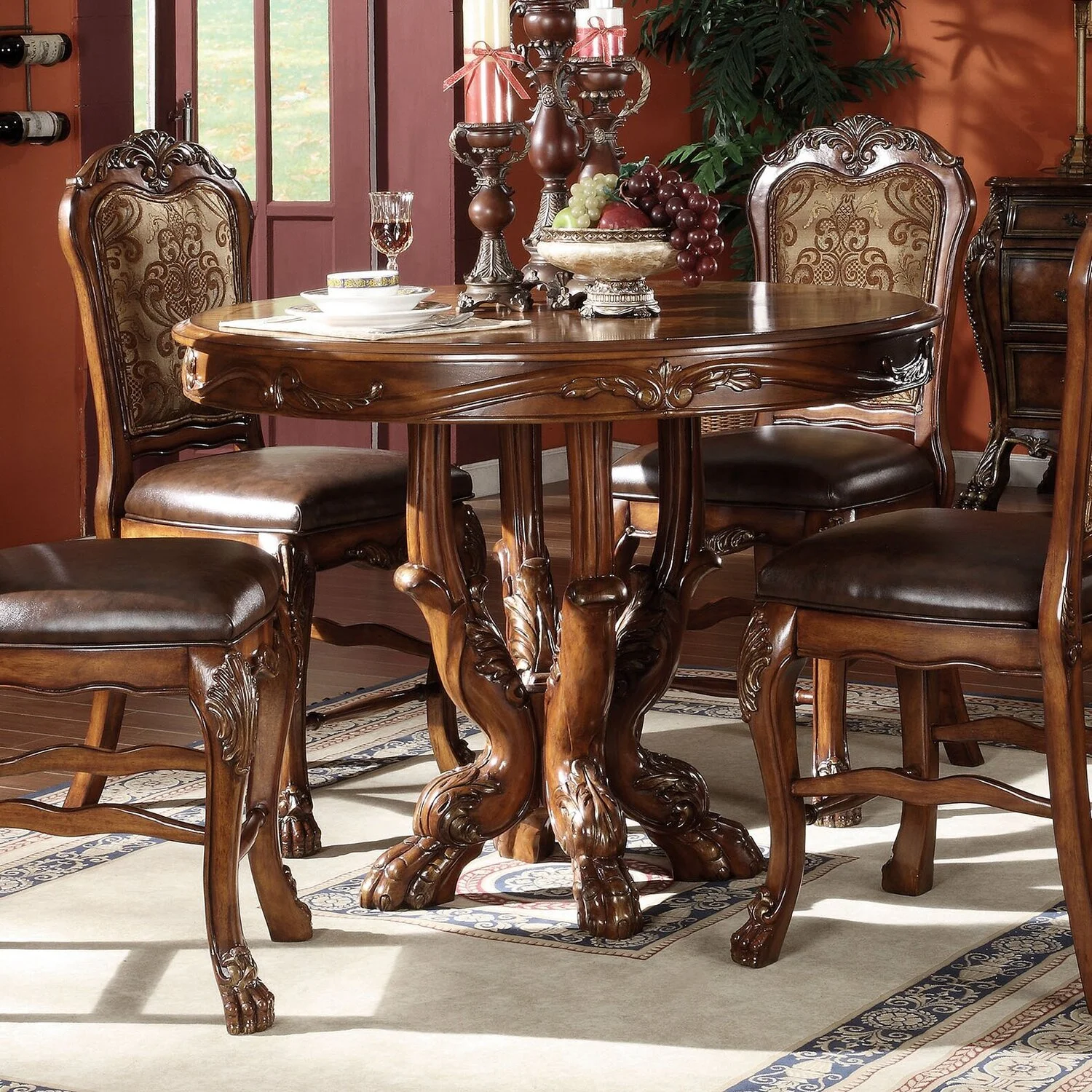 ACME Dresden Dining Table with Single Pedestal in Cherry Oak and Clear Glass
