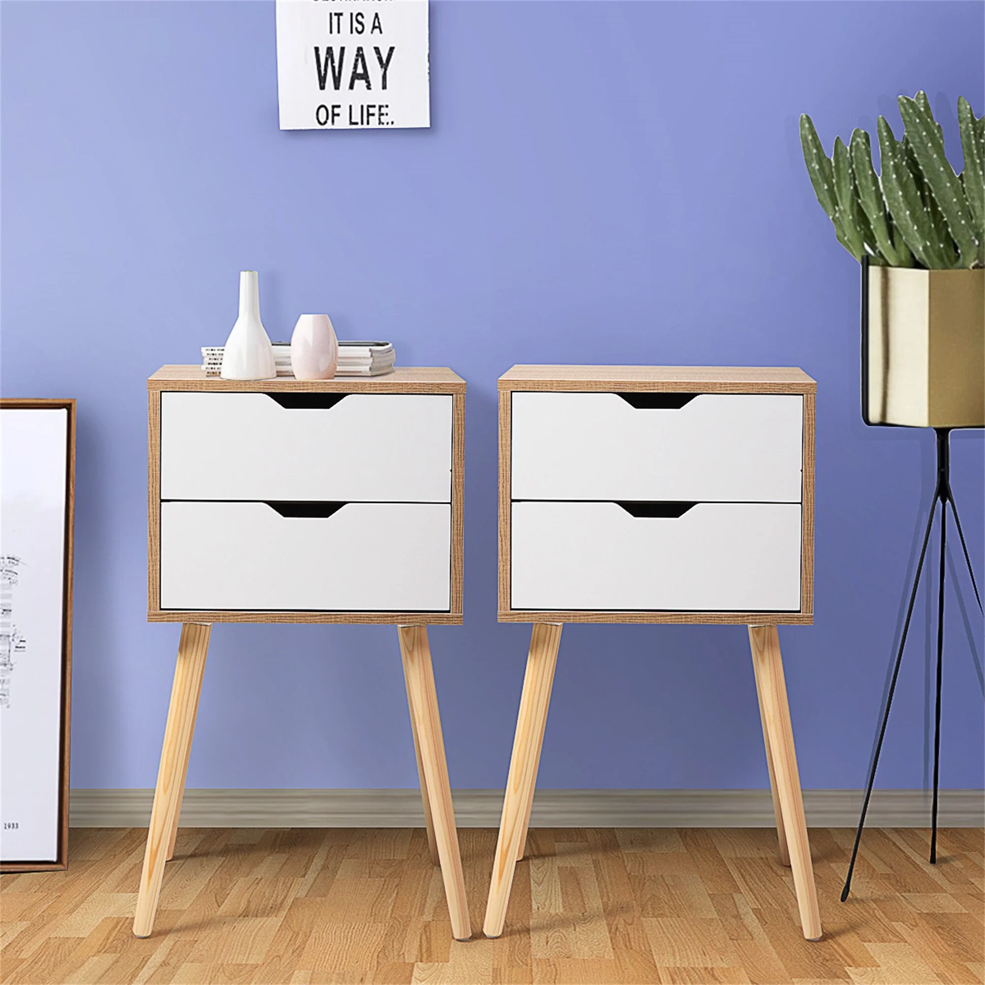YJTONWIN 2 Pcs Nightstand W/ 2 Storage Drawers, Versatile Wood End Table, White