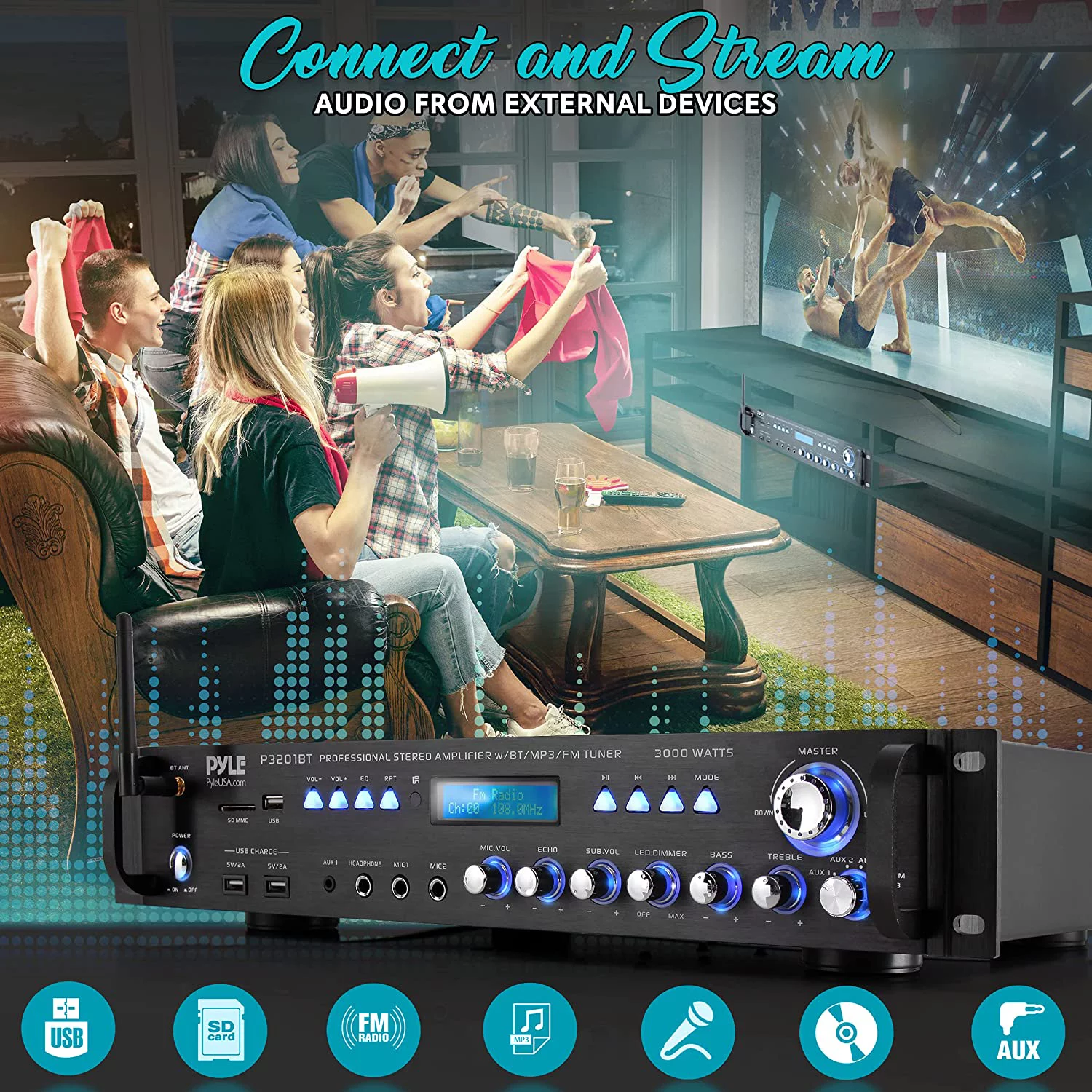 Pyle 3000 Watt Pro Home Audio Multi Channel Bluetooth Hybrid Amplifier Receiver