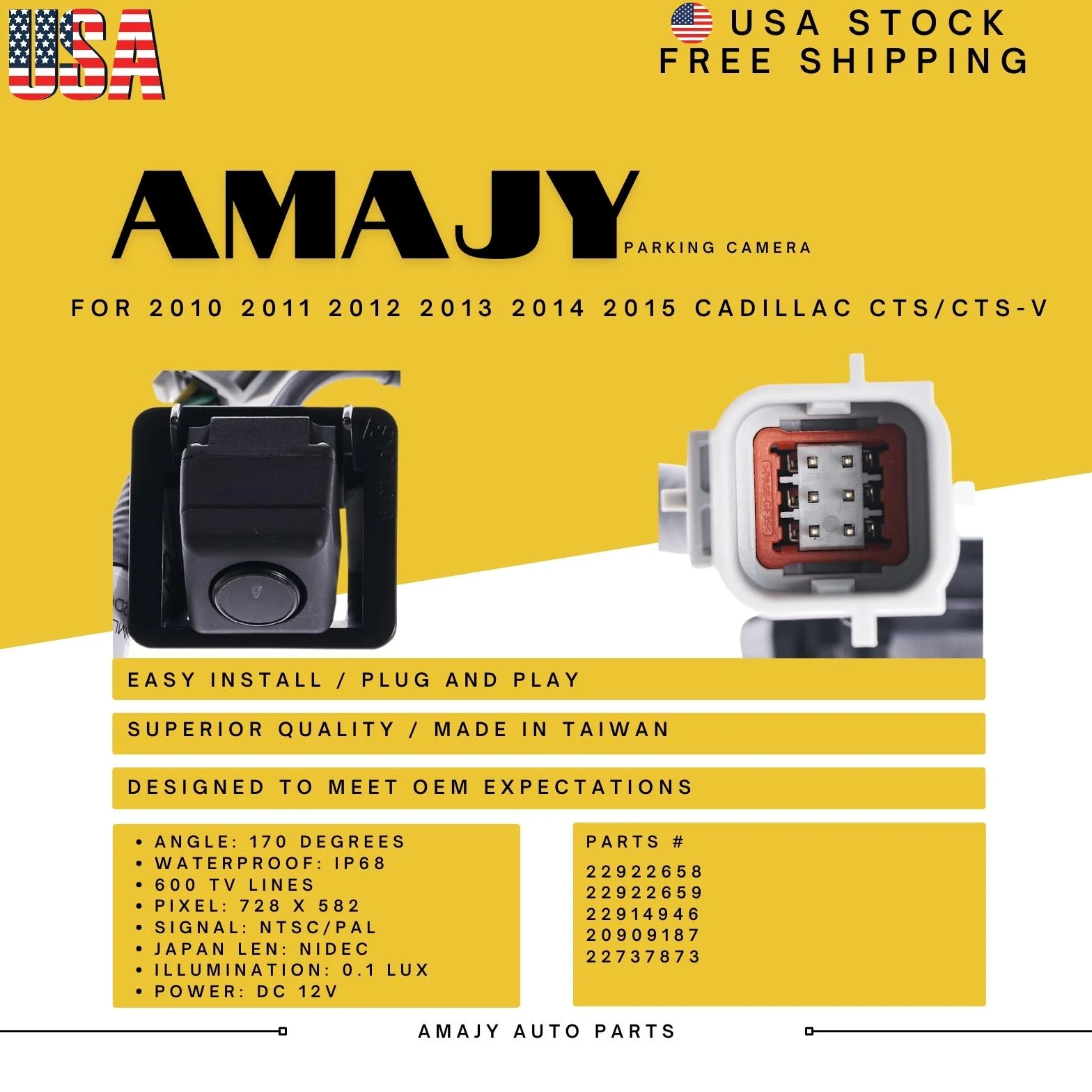 Backup Camera Replaces for 10-15 Cadillac  CTS/CTS-V 22922658  22922659 22914946 20909187 22737873