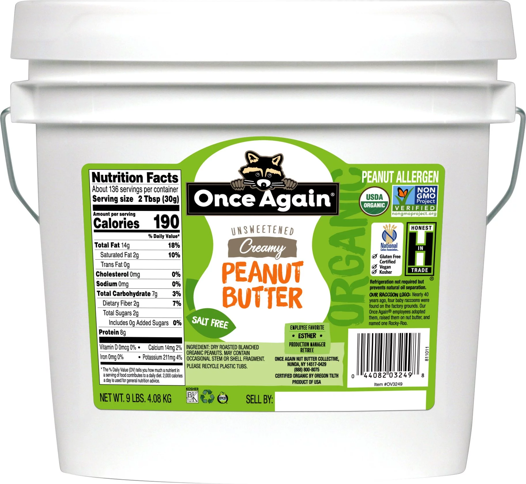 Once Again Organic Creamy Peanut Butter No Salt - Single Bulk Item - 9lb
