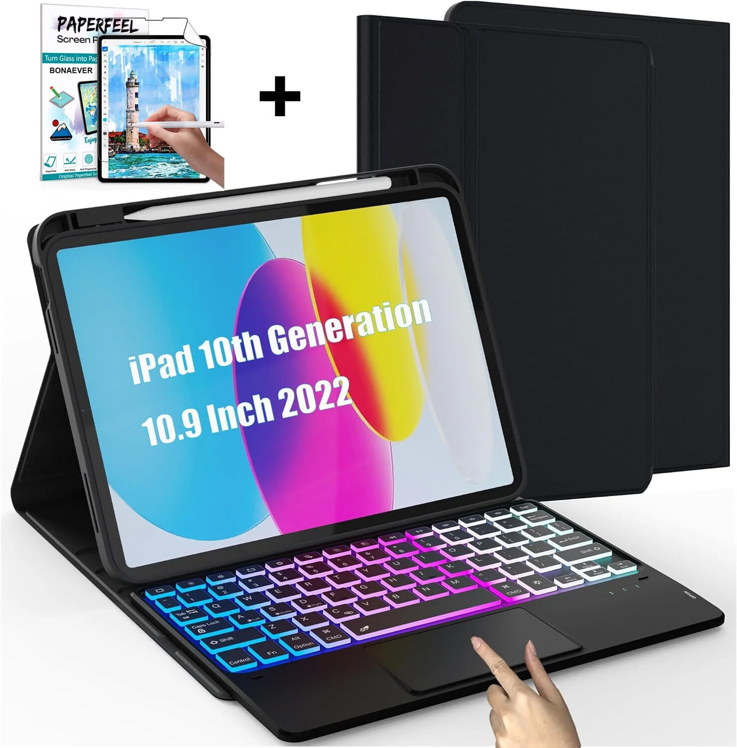 Touchpad Keyboard case for iPad 10th Generation 10.9 inch 2022 2023 A2696 A2757 A2777 Detachable Bluetooth Color Keyboard Smart Cover with 7 Color Backlit, Pencil Holder, Screen Protector, Stand