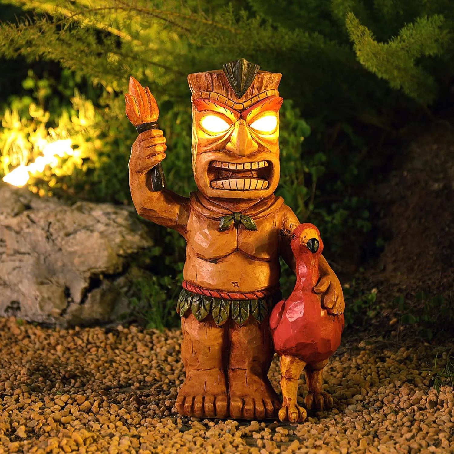 Solar Drumming Tiki Garden Statue  Tribal Tiki Ornament with Solar Powered Flickering Eyes LED Light - Outdoor Tiki Decoration - Perfect for Bar Patio Backyard Balcony Yard Lawn Decor
