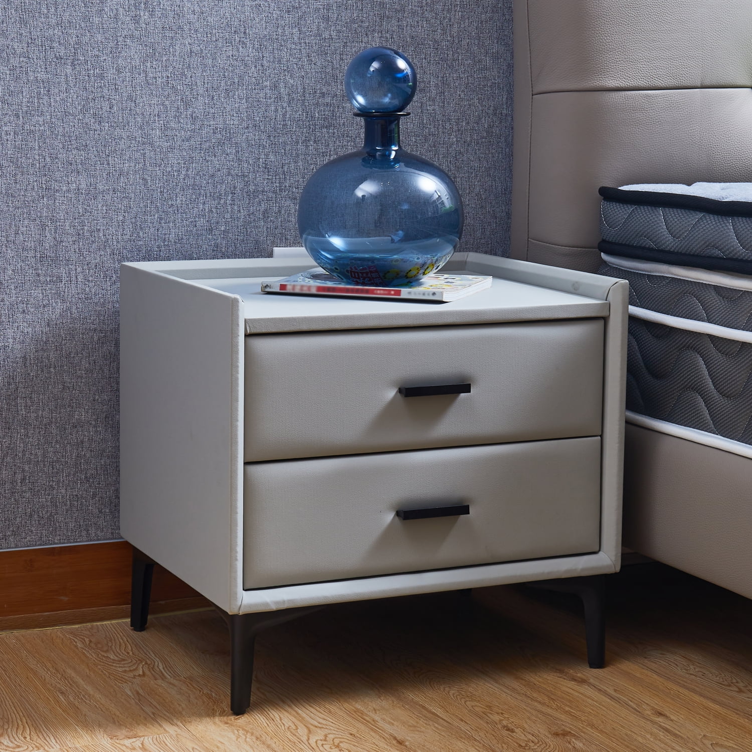 Modern Grey Nightstand with 2 Drawers  Stylish PU Leather Night Stand  Sleek Hardware Legs  End Table for Bedroom or Living Room - Elegant Bedside Cabinet